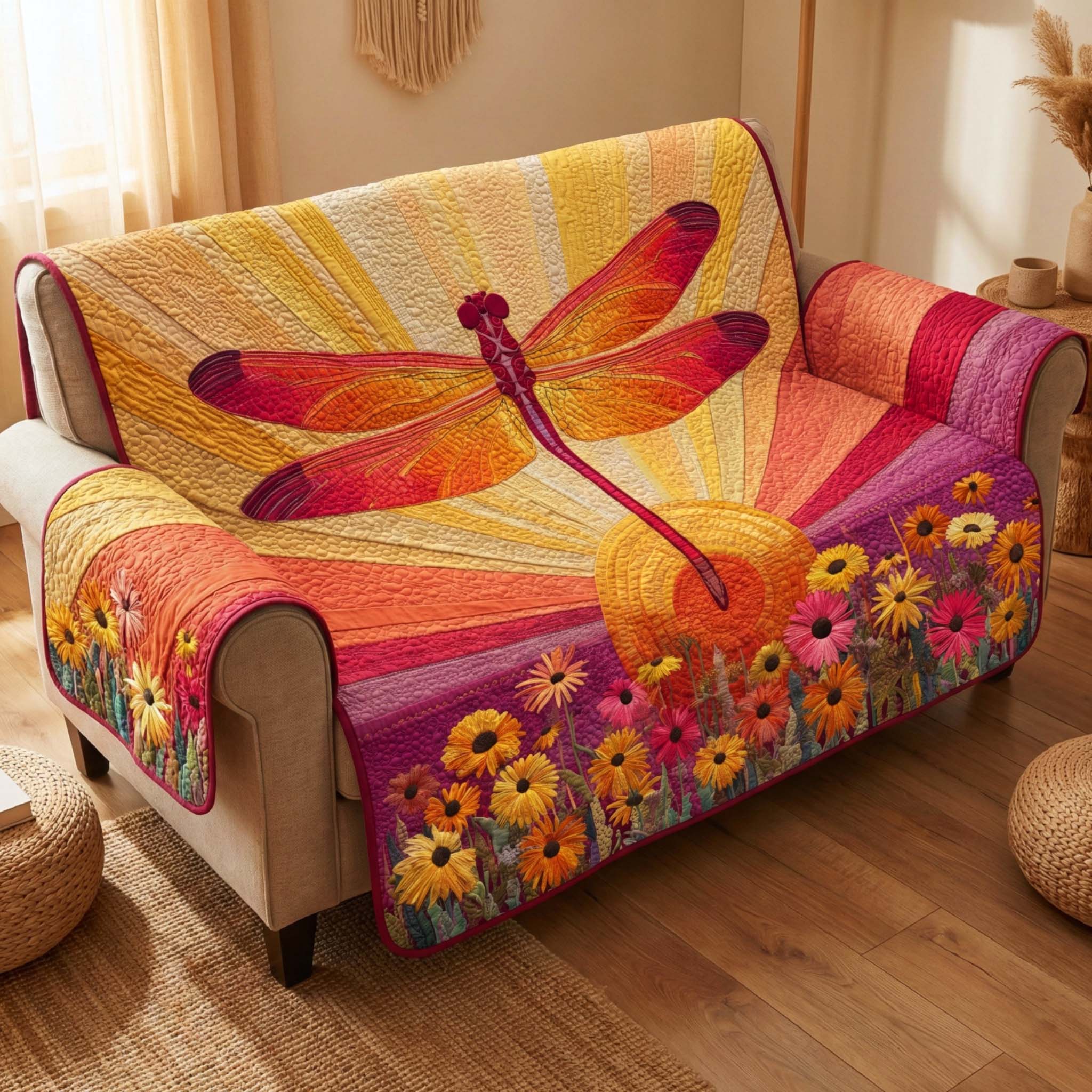 Sunset Dragonfly Quilted Sofa Cover Butterfly Home Couch Cover Gift For Cozy Spaces - Tradiviet