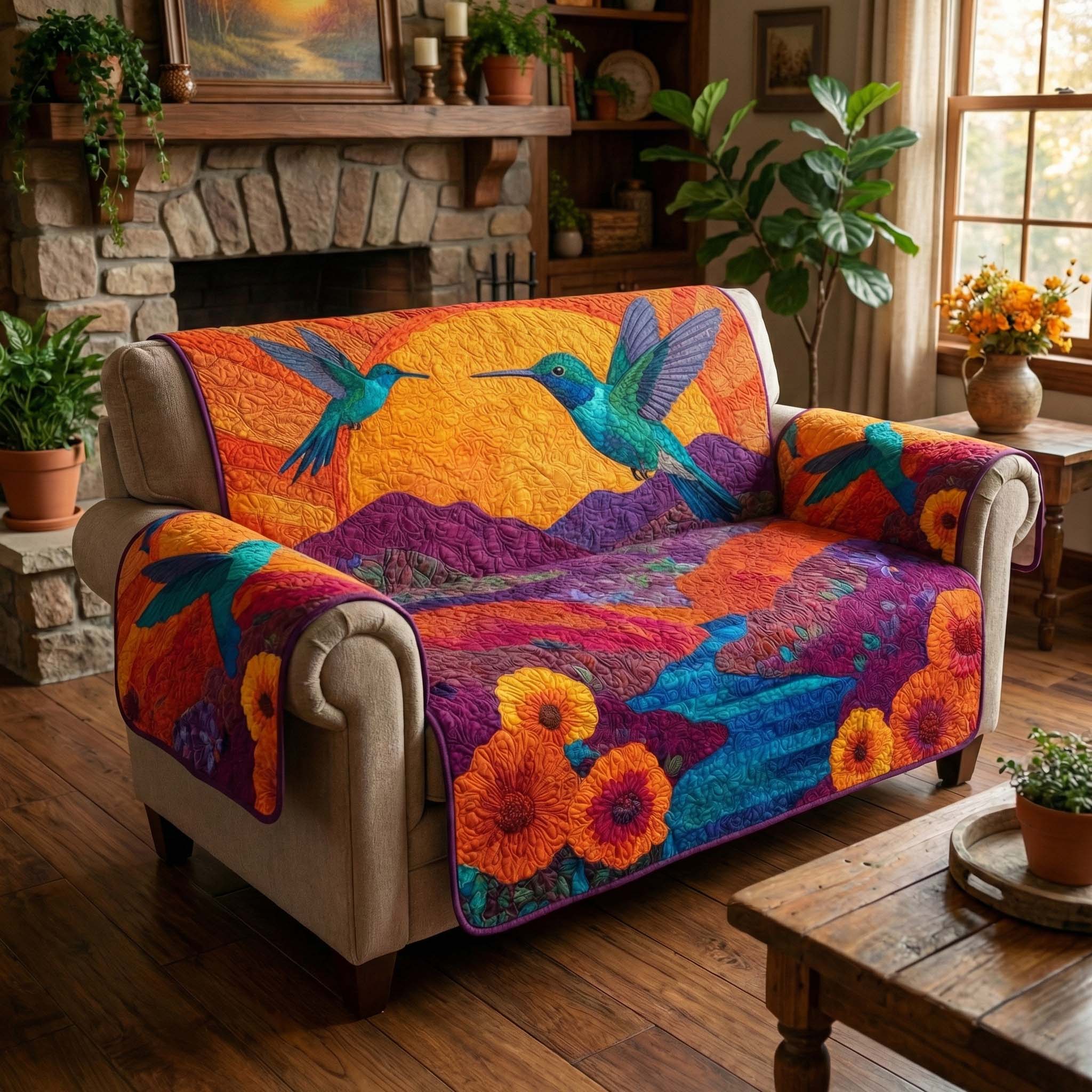 Sunset Hummingbird Quilted Sofa Cover Bird Home Couch Cover Cozy Home Decor Gifts - Tradiviet