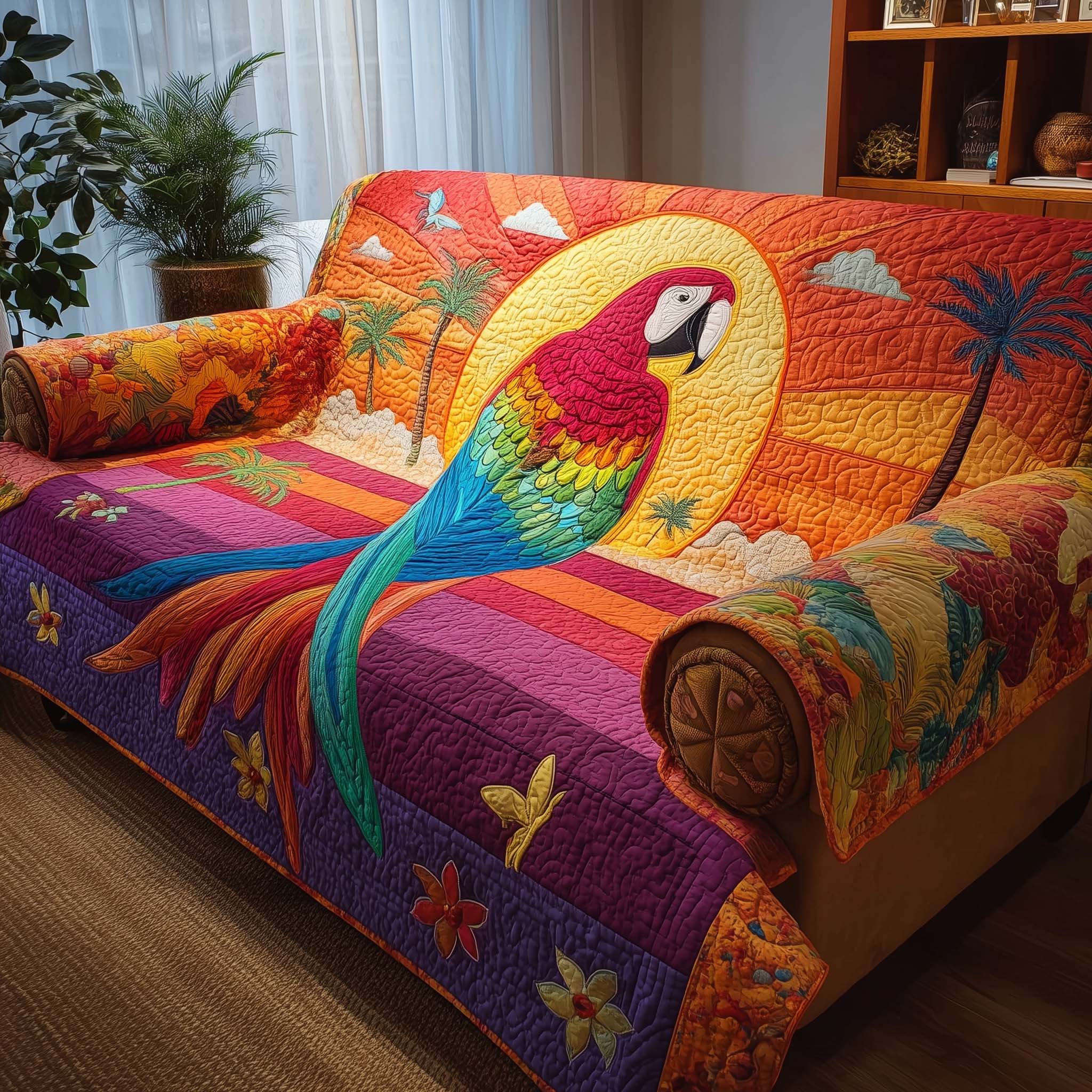 Sunset Macaw Quilted Sofa Cover Tropical Home Couch Cover Bear Gifts For Kids - Tradiviet