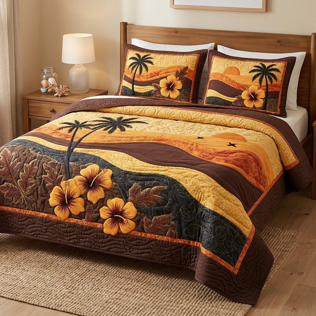 Sunset Paradise Quilted Bedding Set Hawaiian Hibiscus Duvet Cover Bedroom Decor Merch Gift - Tradiviet
