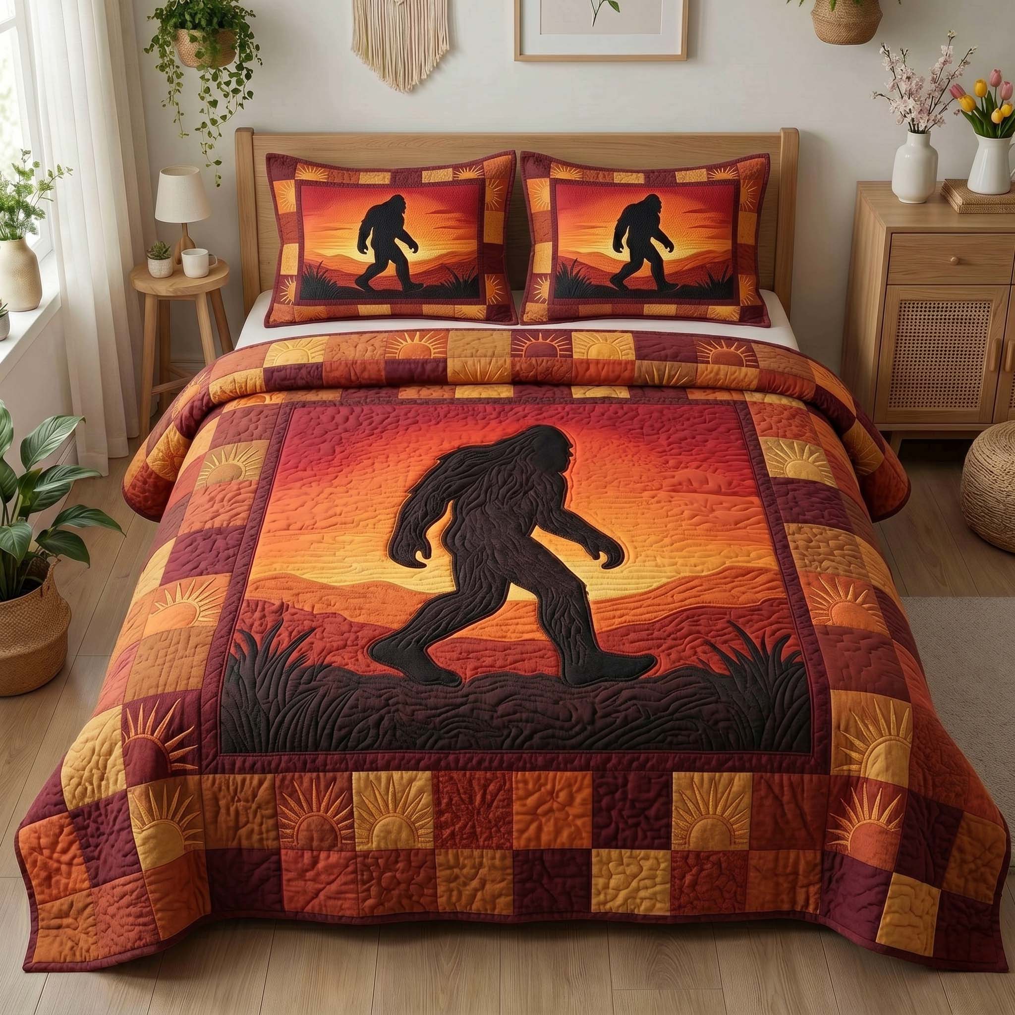 Sunset Silhouette Bigfoot Quilted Bedding Set Sunset Silhouette Bohemian Gift For Silhouette - Tradiviet