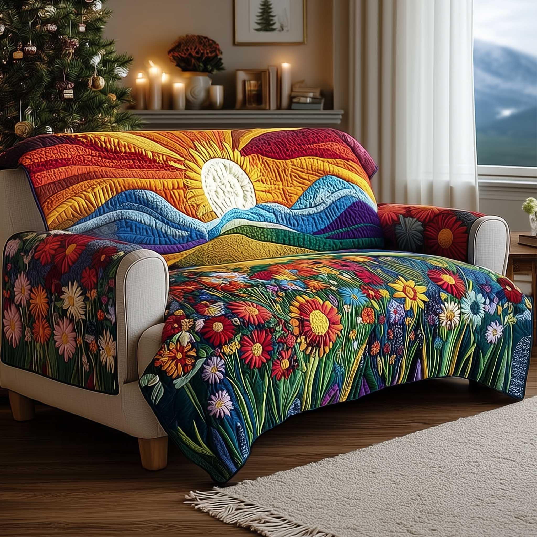 Sunset Wildflower Harmony Quilted Sofa Cover Minimalist Room Decor Gift For Sun Fan - Tradiviet