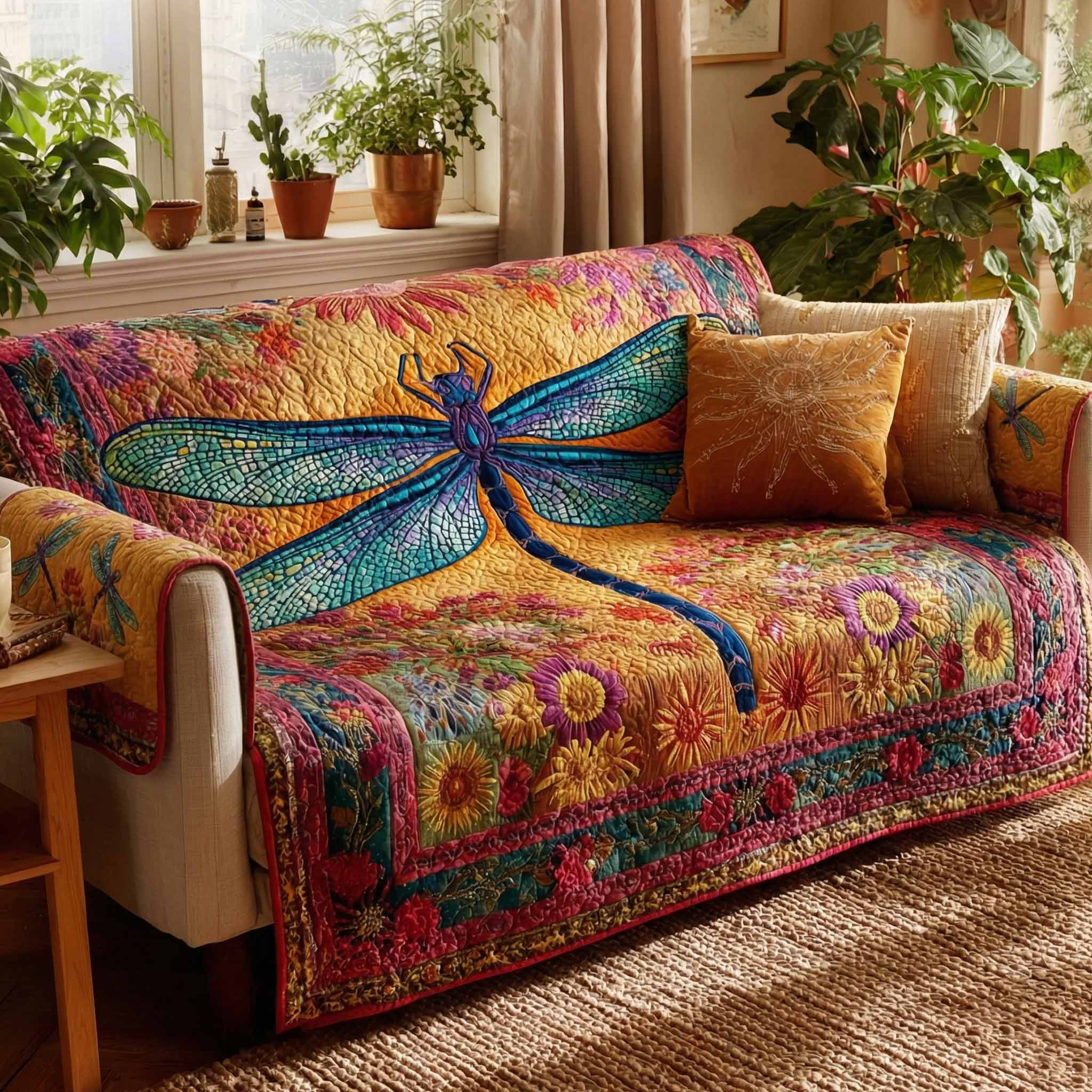 Sunset Wings Quilted Sofa Cover Best Couch Slipcovers Cool Gifts For Dragonfly Lovers - Tradiviet
