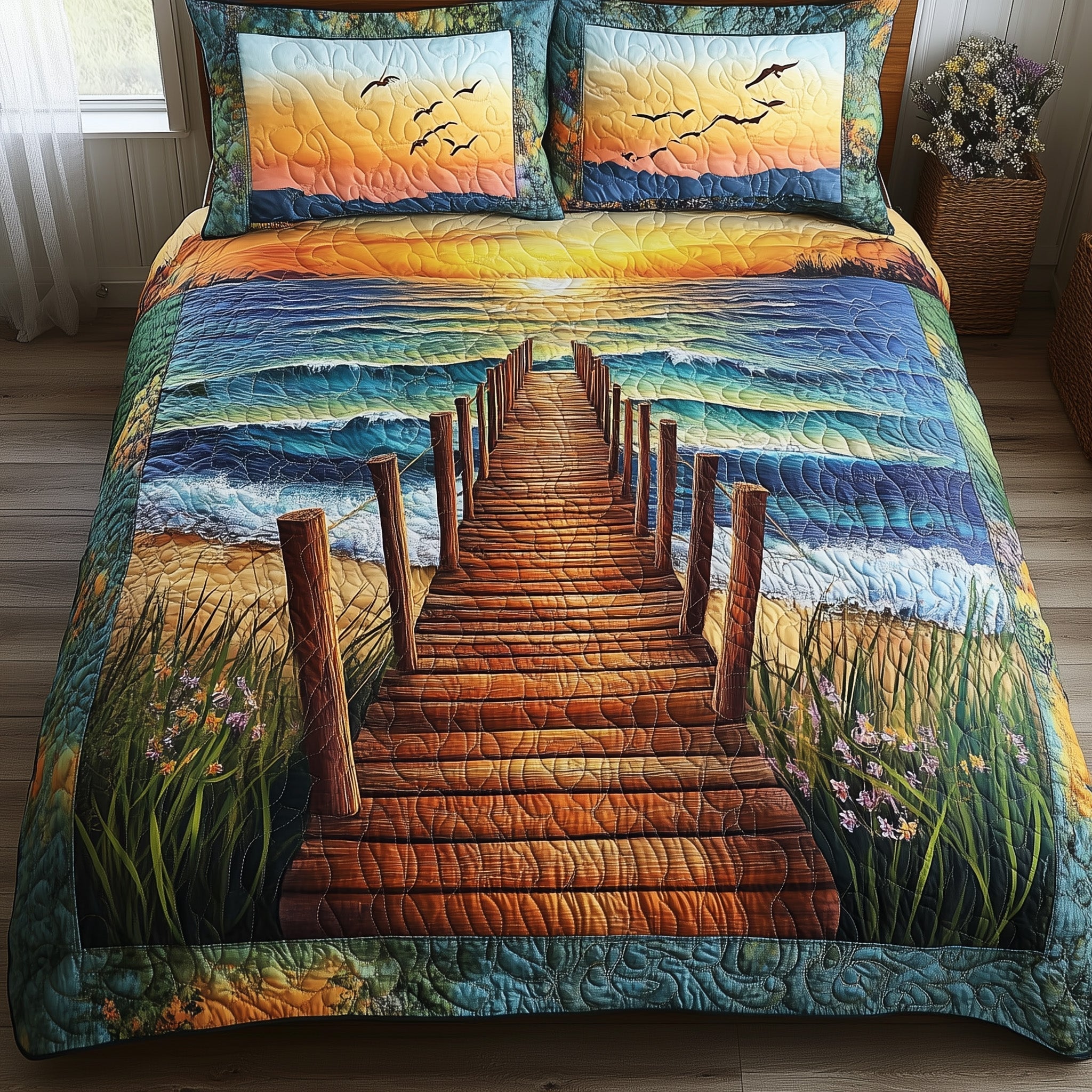 Sunset Wooden Dock Quilted Bedding Set Sunset Wooden Dream Gift For Sunset Wooden - Tradiviet