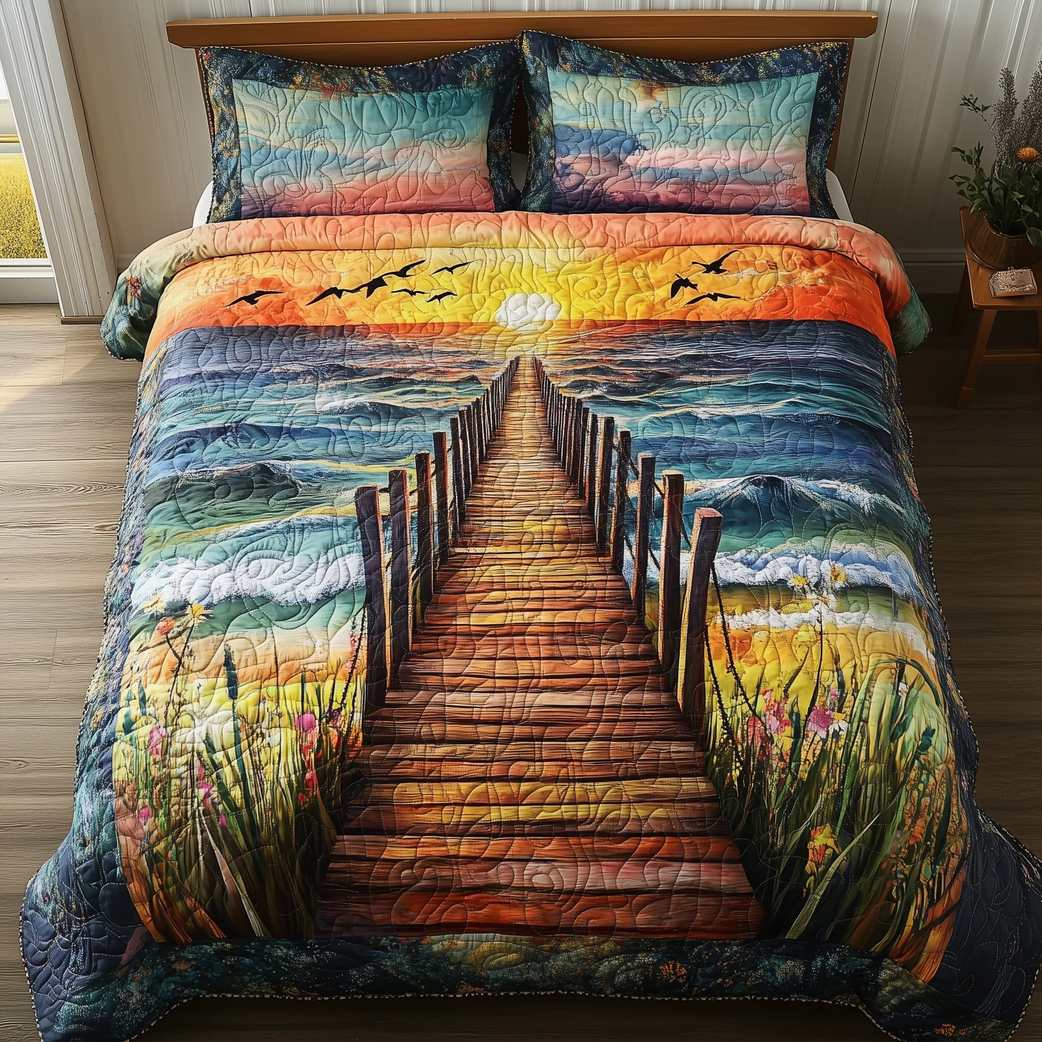 Sunset Wooden Dock Quilted Bedding Set Sunset Wooden Warmth Gift For Sunset - Tradiviet
