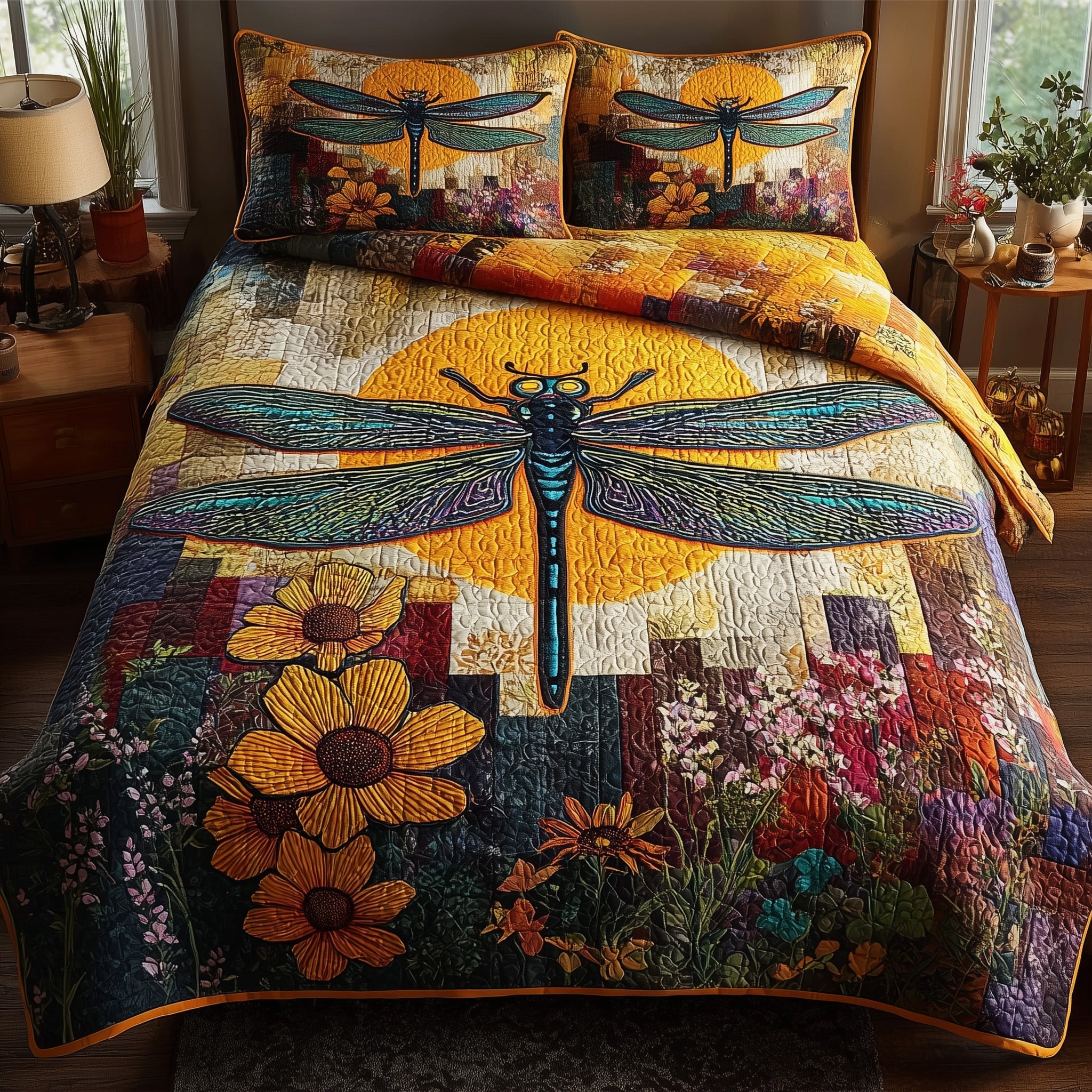 Sunshine Dragonfly Quilted Bedding Set Sunshine Dragonfly Woodland Gift For Sunshine Dragonfly - Tradiviet