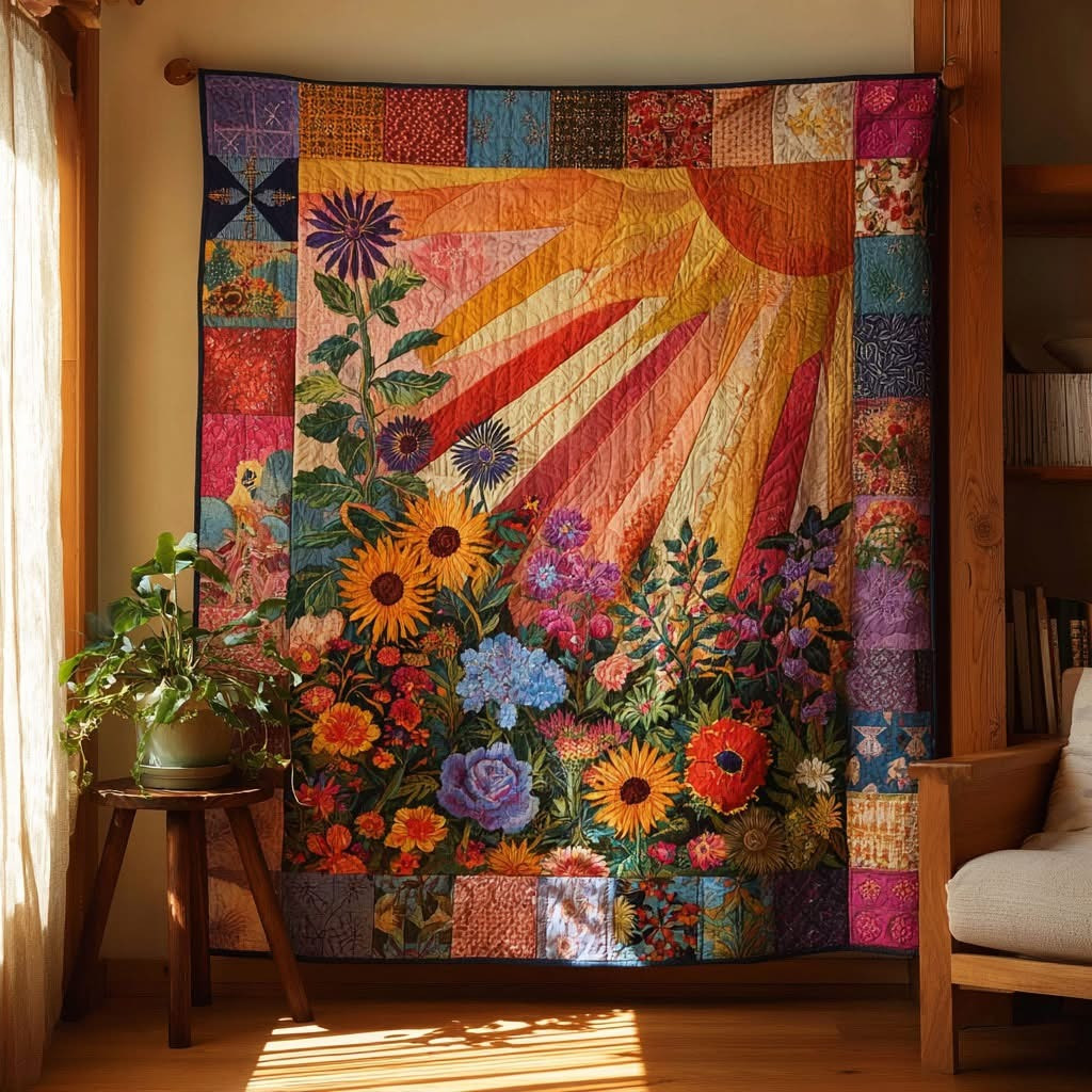 Sunshine Radiance Golden Light Floral Quilted Blanket Colorful Radiant Horizon Blanket - Tradiviet