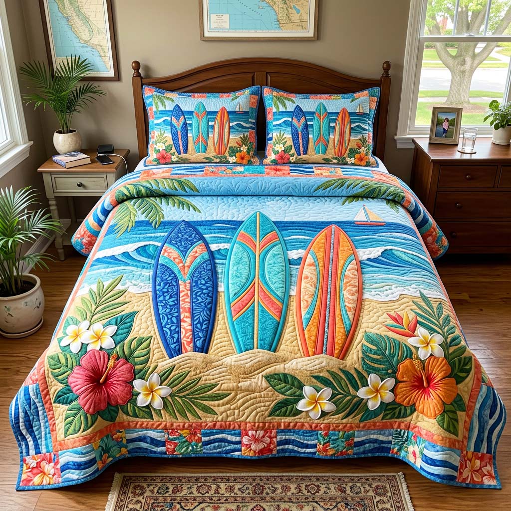 Surfboards Beach Quilted Bedding Set Surfboards Beach Rustic Gift For Surfboards Beach - Tradiviet