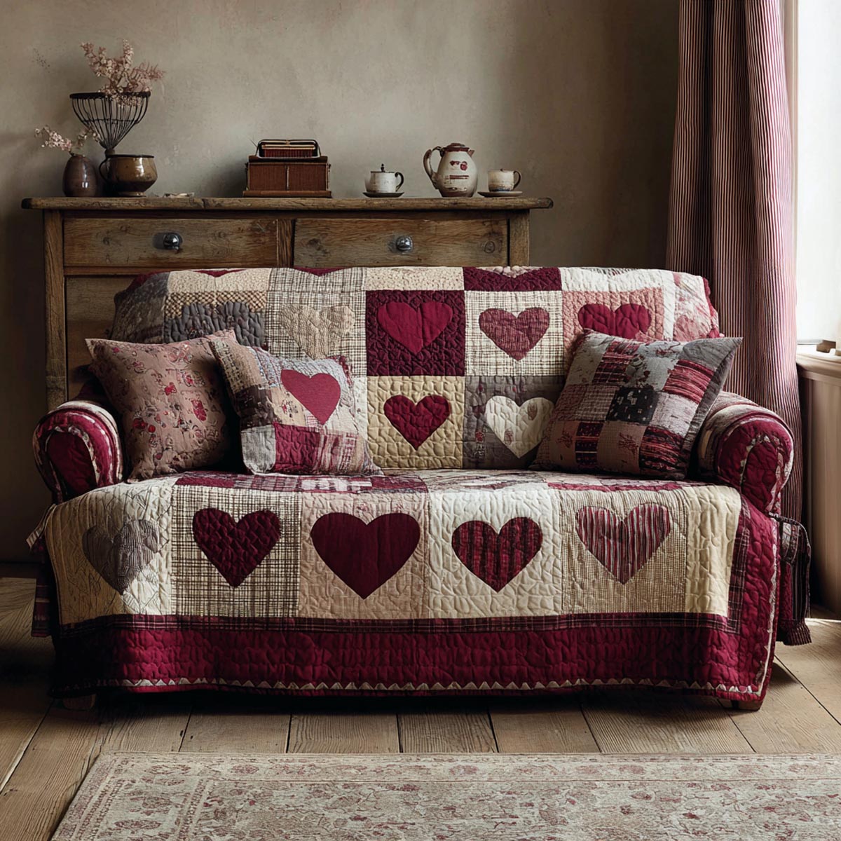 Sweet Hearts Quilted Sofa Cover Sofa Seat Protector Valentine Day Gifts For Husband - Tradiviet