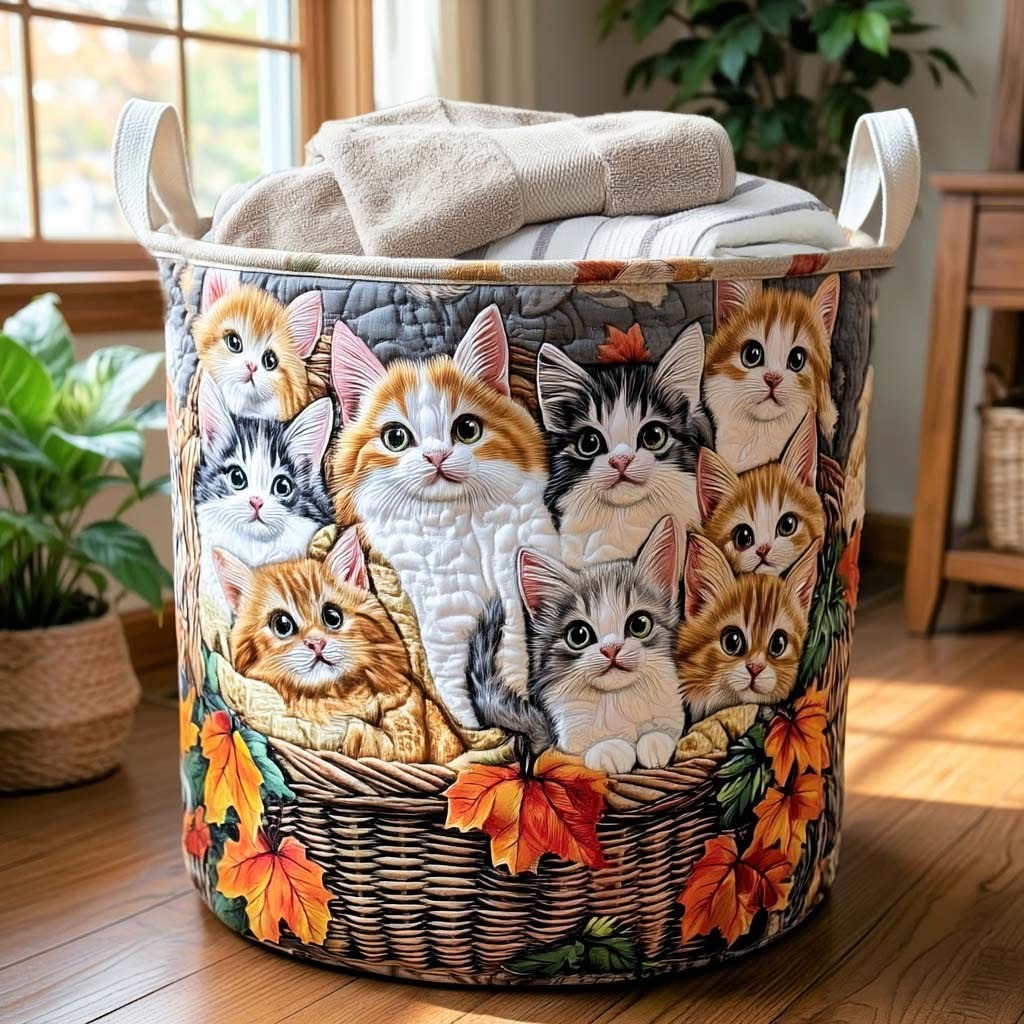 Tabby Cat Charm Quilted Laundry Basket Cute Animal Hamper Basket Presents For Cat Lovers - Tradiviet