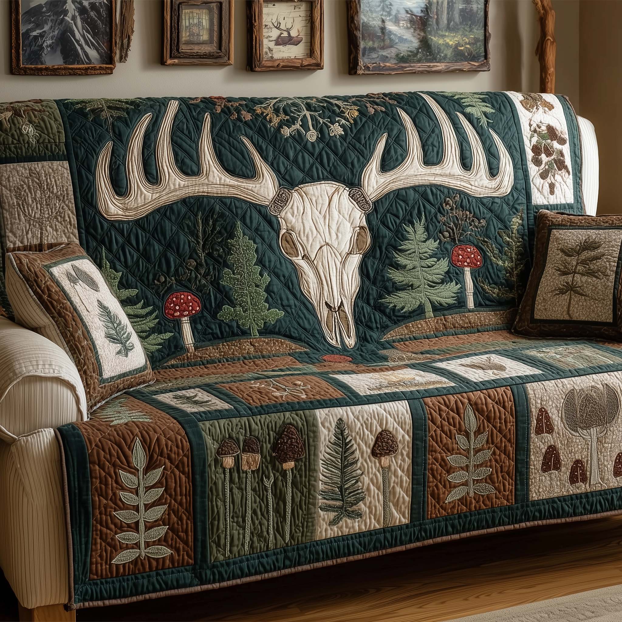 Teal Antlers Quilted Sofa Cover Wildlife Home Couch Cover Gifts For Room Decor - Tradiviet