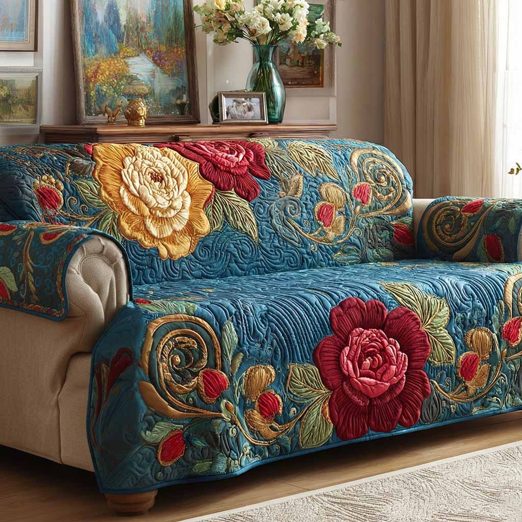 Teal Blossom Quilted Sofa Cover Nice Couch Covers Birthday Presents For Mum - Tradiviet