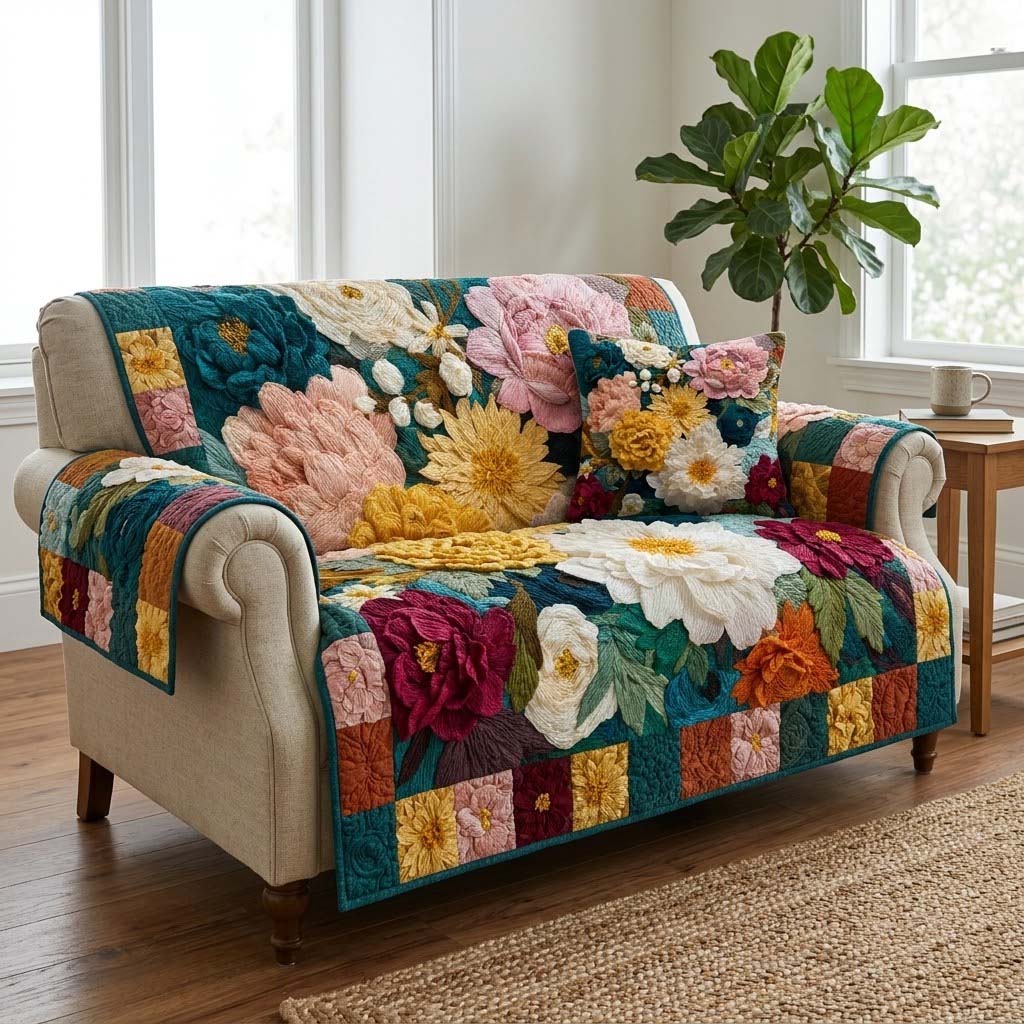 Teal Garden Patchwork Quilted Sofa Cover Soft Home Room Decor Home Gift For Him - Tradiviet