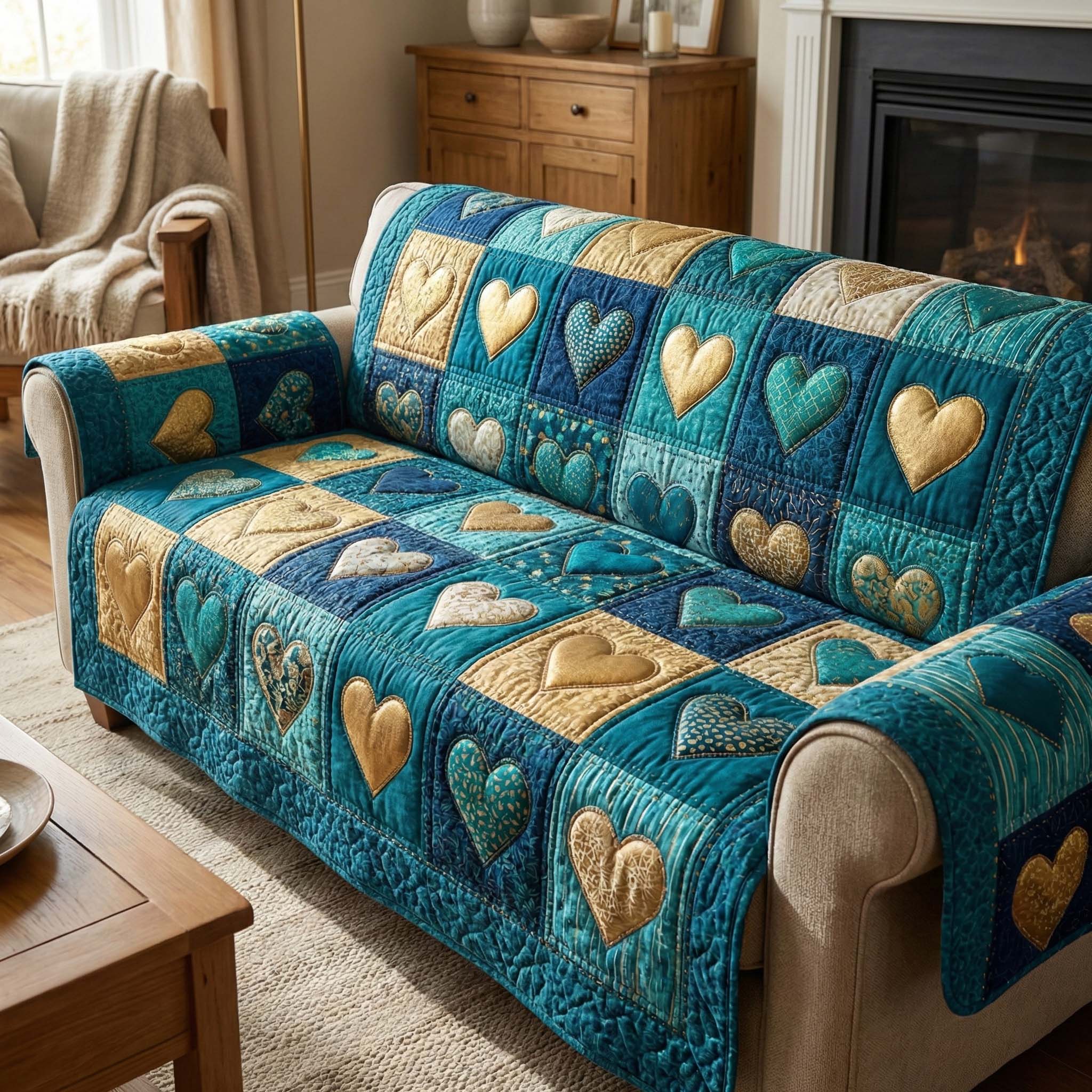 Teal Hearts Quilted Sofa Cover Cozy Home Couch Cover Cozy Housewarming Gift Ideas - Tradiviet