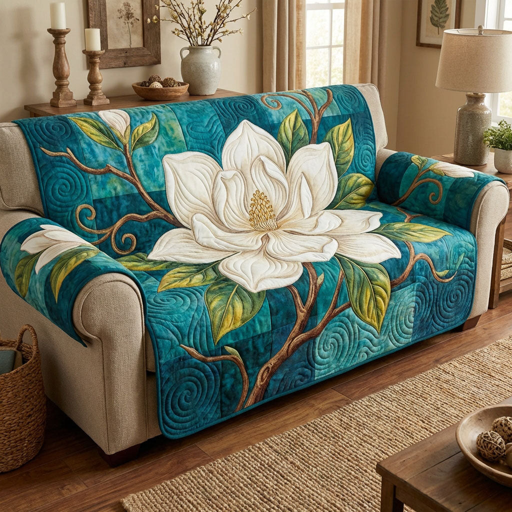 Teal Magnolia Bloom Quilted Sofa Cover Furniture Protectors For Sofas Mother's Day Gifts For Elderly - Tradiviet