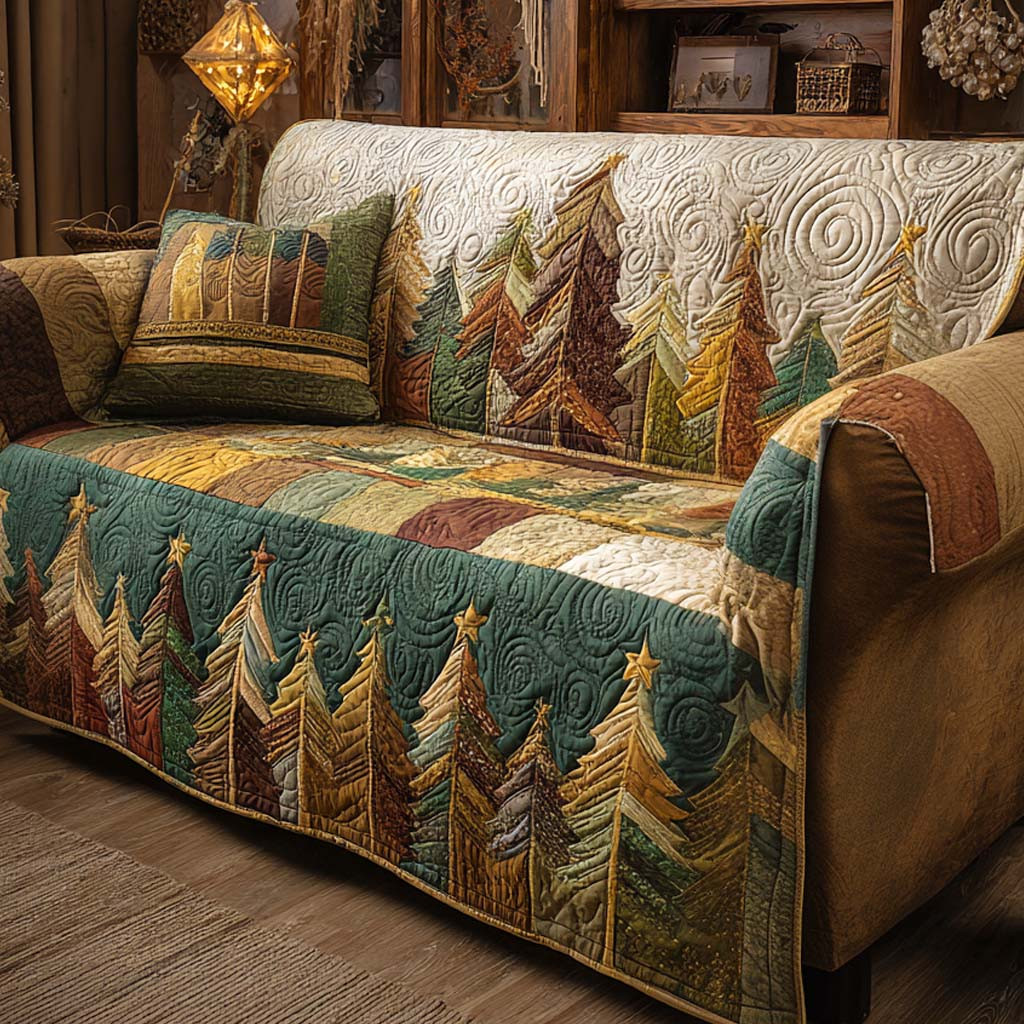 Teal Woodland Christmas Quilted Sofa Cover Christmas Couch Cover Family Christmas Presents - Tradiviet