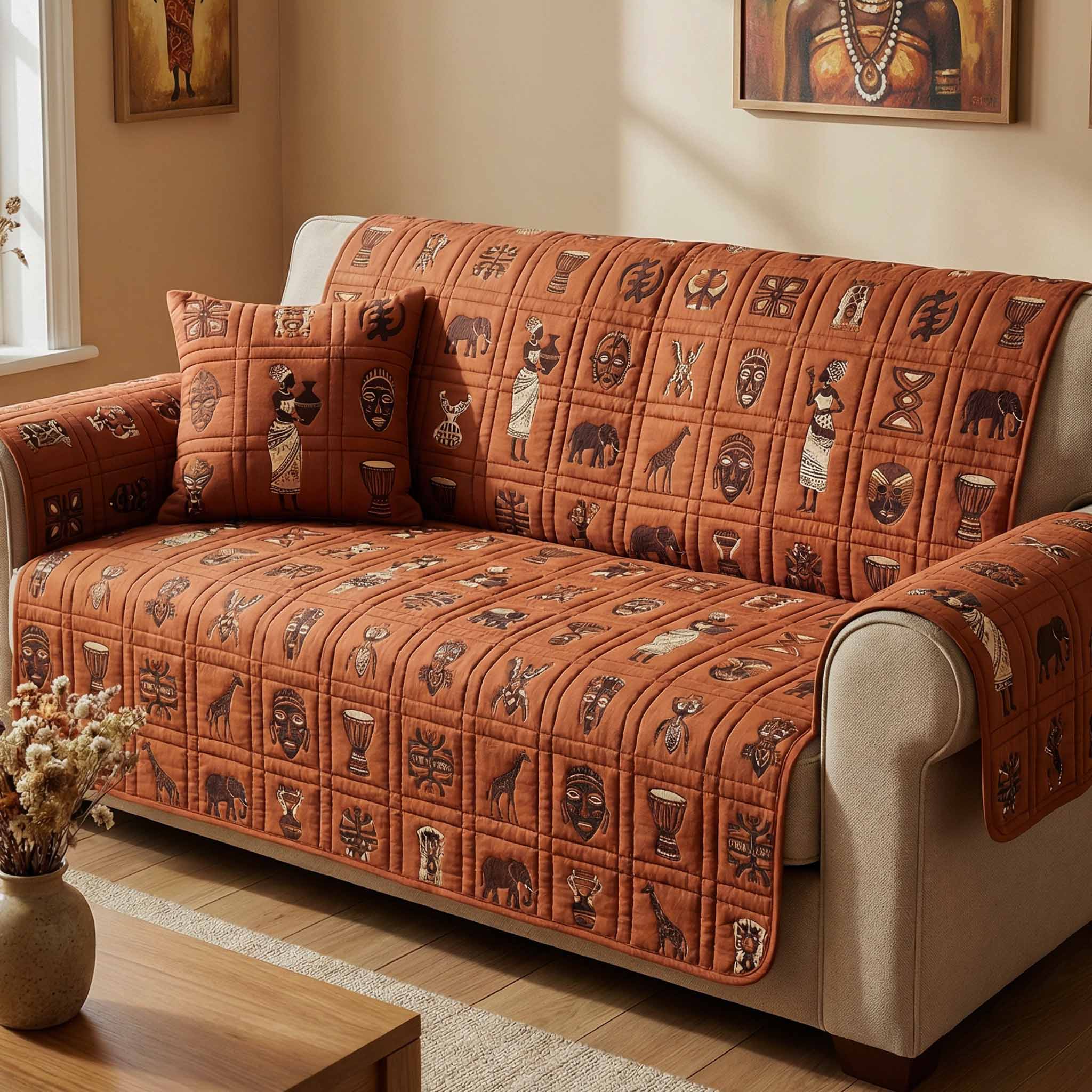 Terra Symbols Quilted Sofa Cover Aesthetic Room Decor Best Housewarming Gift Ideas - Tradiviet