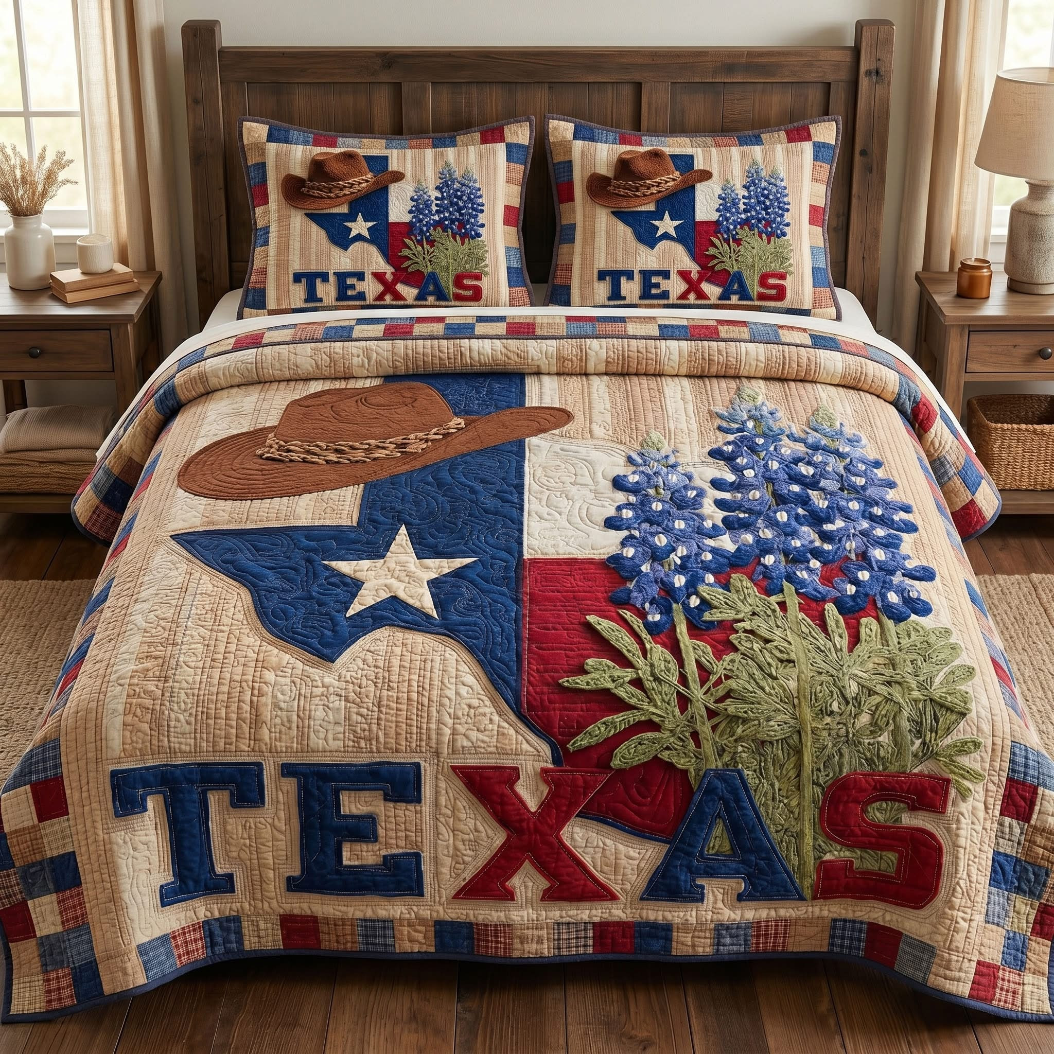 Texas Rustic Quilted Bedding Set Western Cowboy Hat Bluebonnet Flower Bedspread Set Decor Gift - Tradiviet