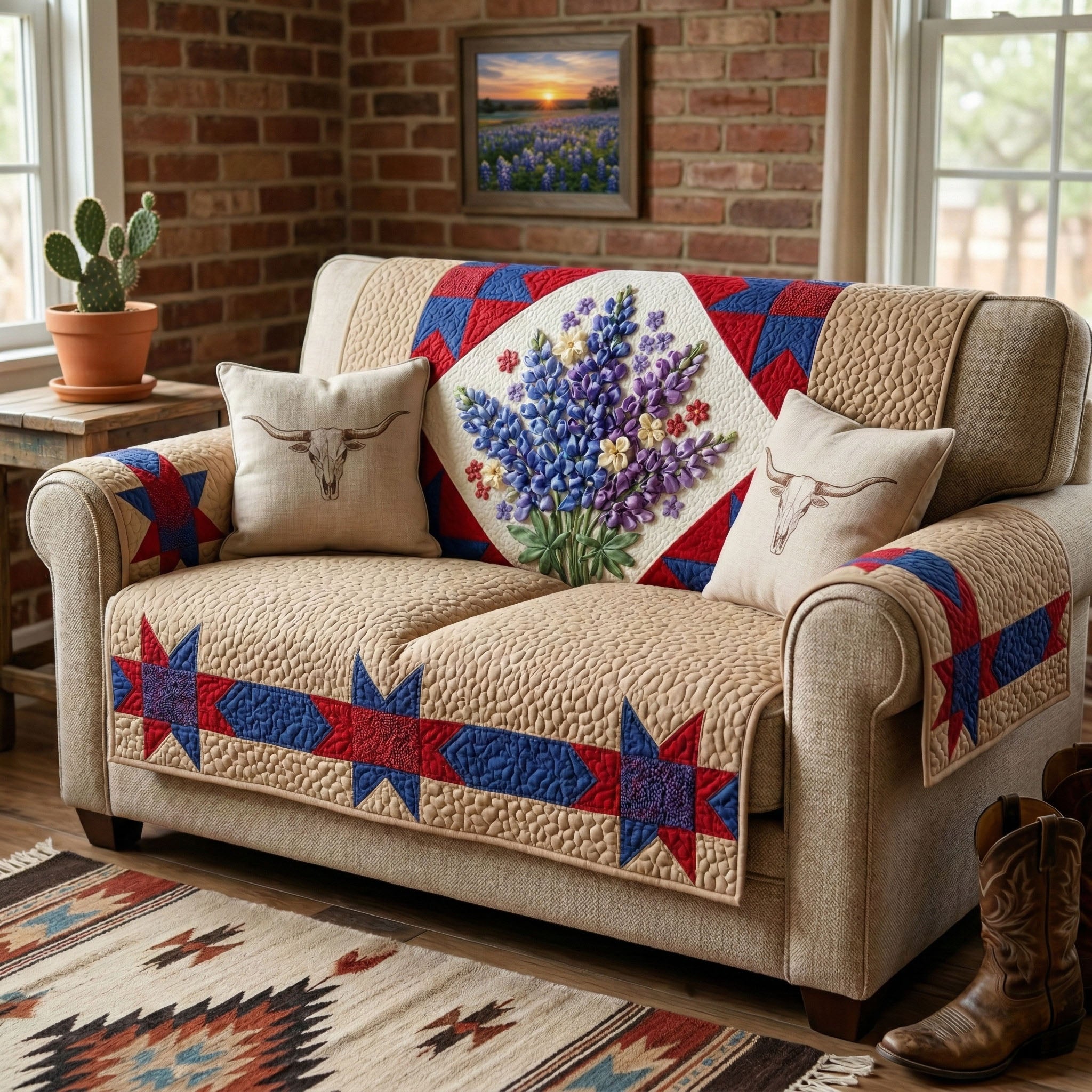 Texas Spirit Quilted Sofa Cover Natural Room Decor Gift For Room Decor - Tradiviet