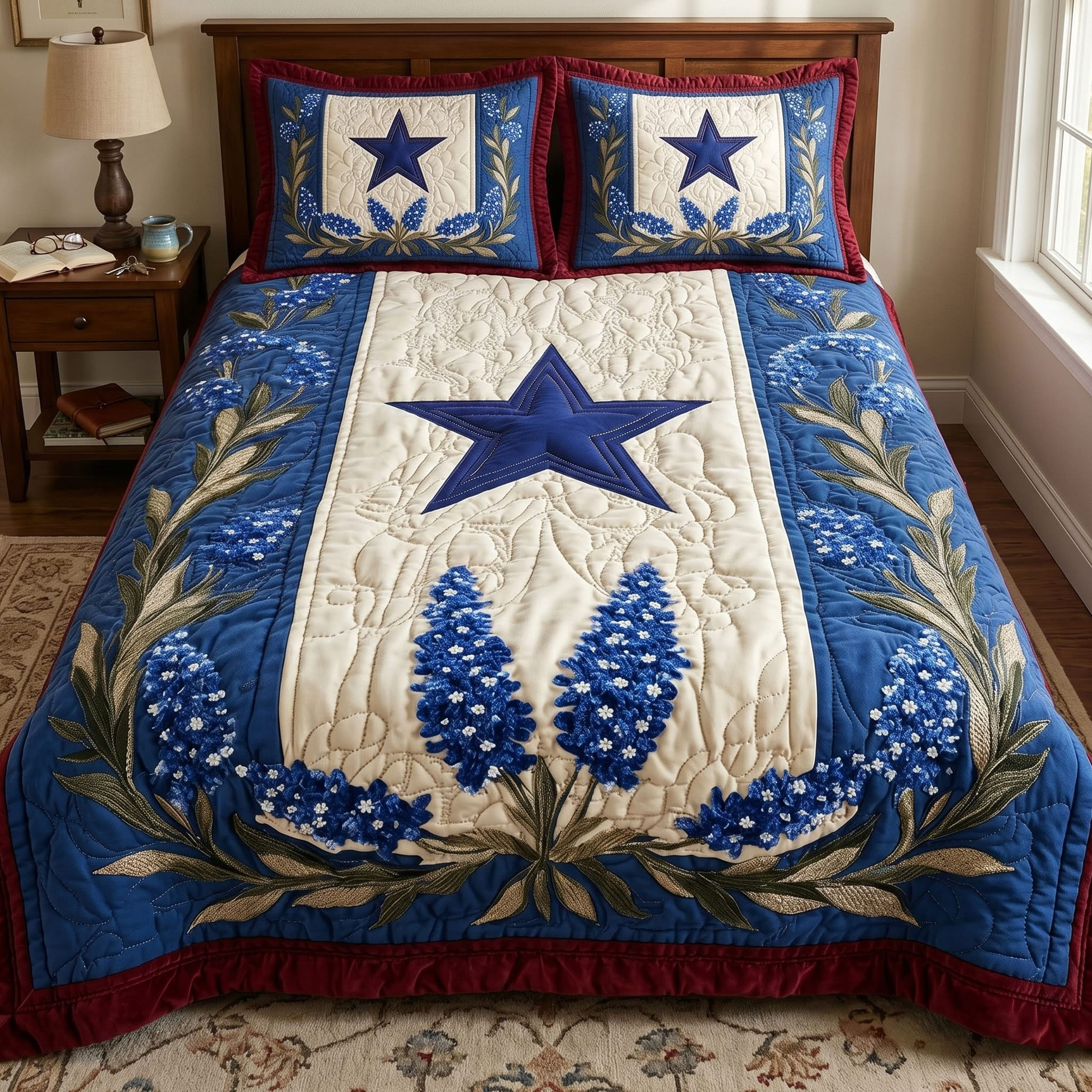 Texas Star Quilted Bedding Set Bluebonnet Bedspread Set Rustic Farmhouse Bedroom Decor Merch - Tradiviet