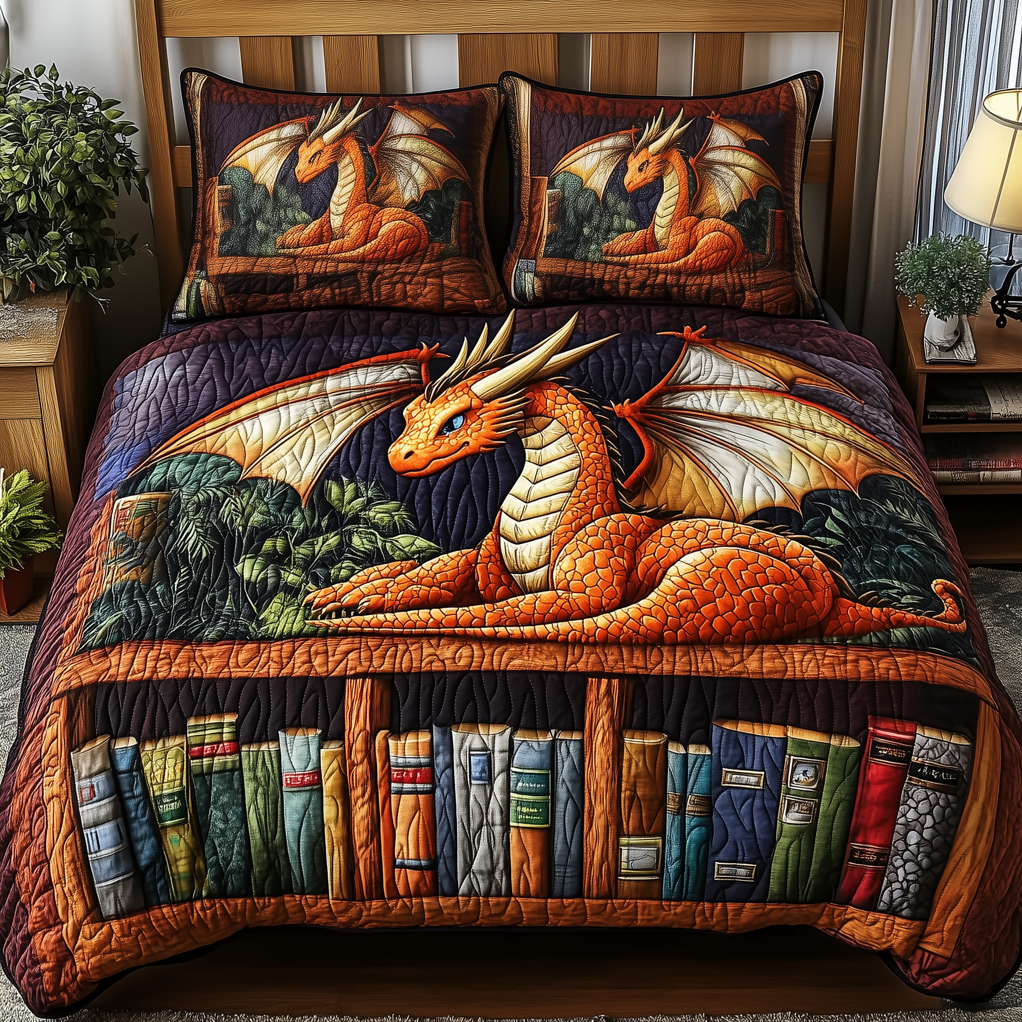 The Librarian Dragon Quilted Bedding Set Librarian Dragon Landscape Gift For Librarian Dragon - Tradiviet