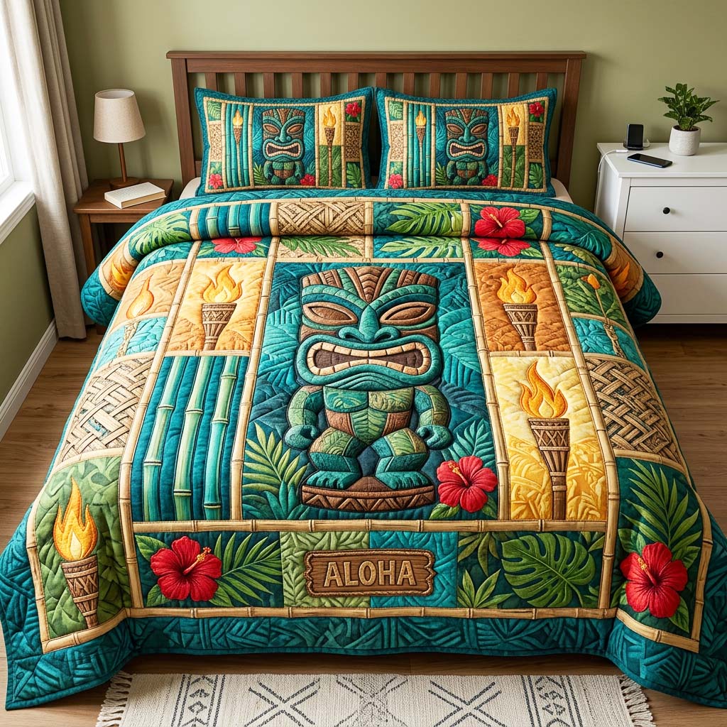 Tiki Aloha Quilted Bedding Set Tiki Aloha Peace Gift For Tiki Aloha - Tradiviet