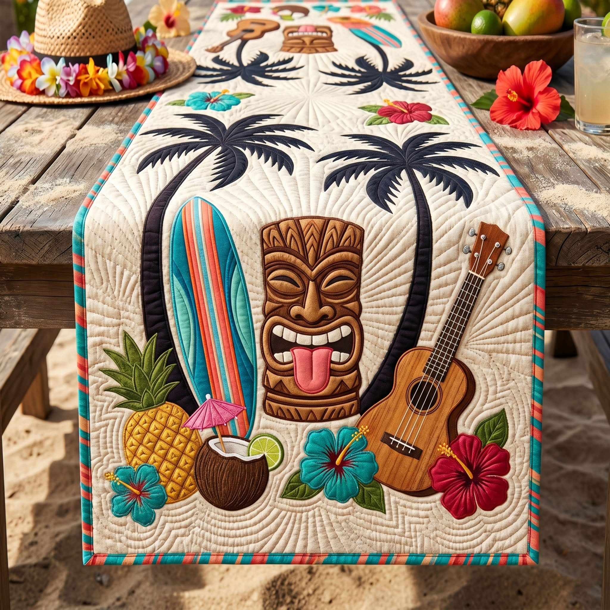 Tiki Luau Mask Quilted Table Runner Tropical Summer Beach Home Decor Merch Gift For Mom - Tradiviet