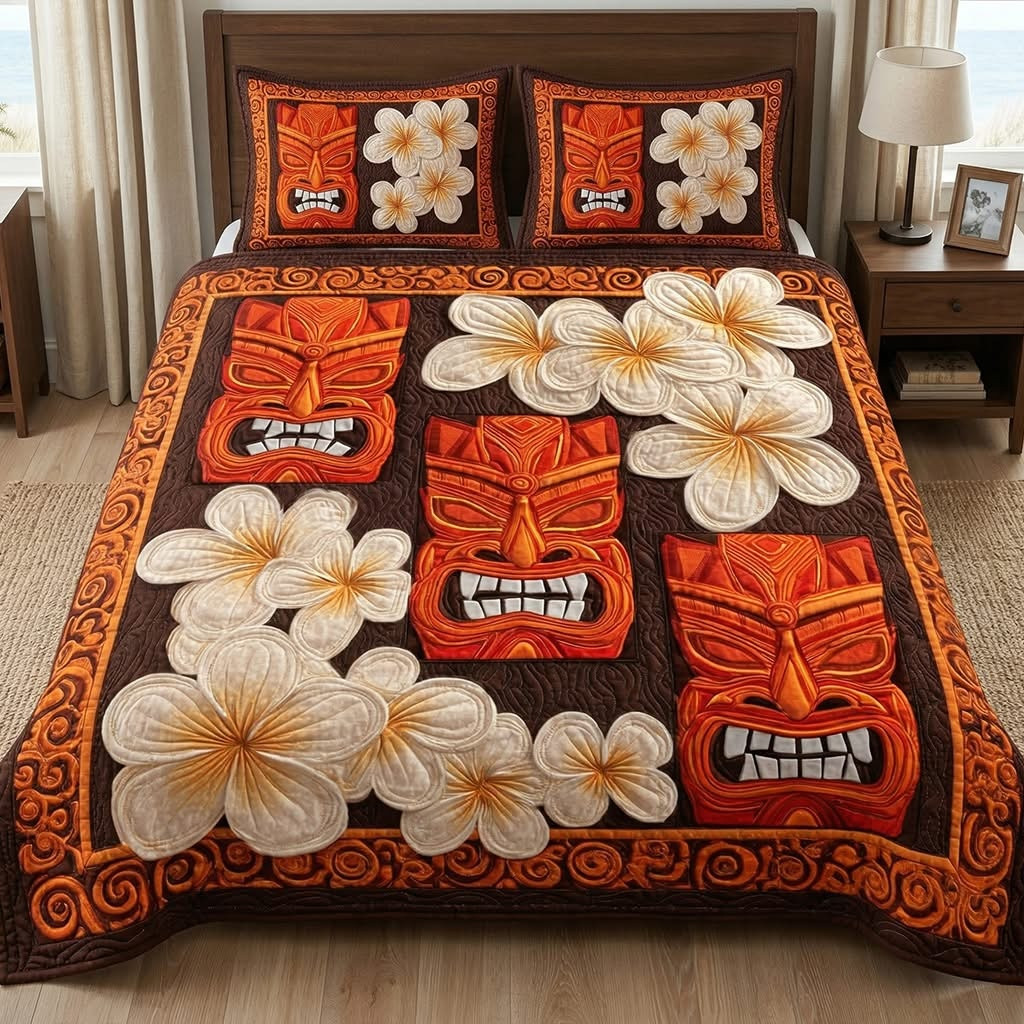 Tiki Plumeria Quilted Bedding Set Polynesian Tribal Style Bedspread Set Merch Gift For Her - Tradiviet