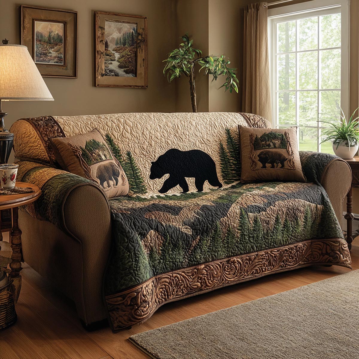 Timber Bear Quilted Sofa Cover Stylish Home Room Decor Best Bear Lover Presents - Tradiviet