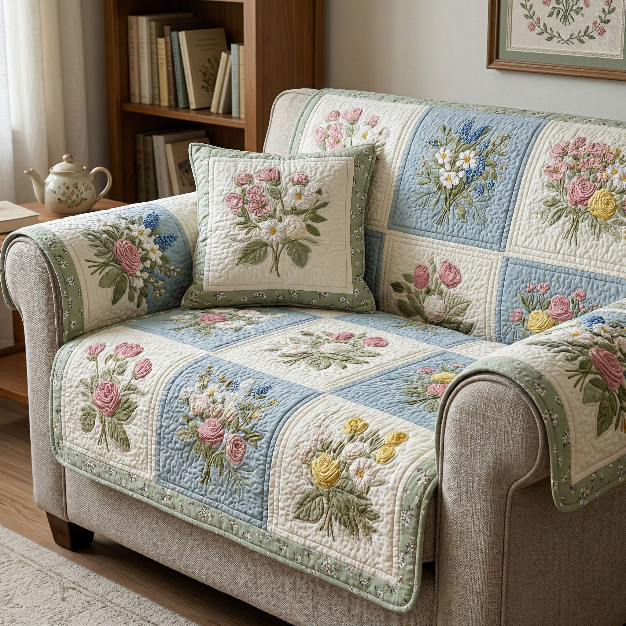 Timeless Cottage Bloom Quilted Sofa Cover Best Slip Covers For Furniture Gift Ideas For Farmers - Tradiviet
