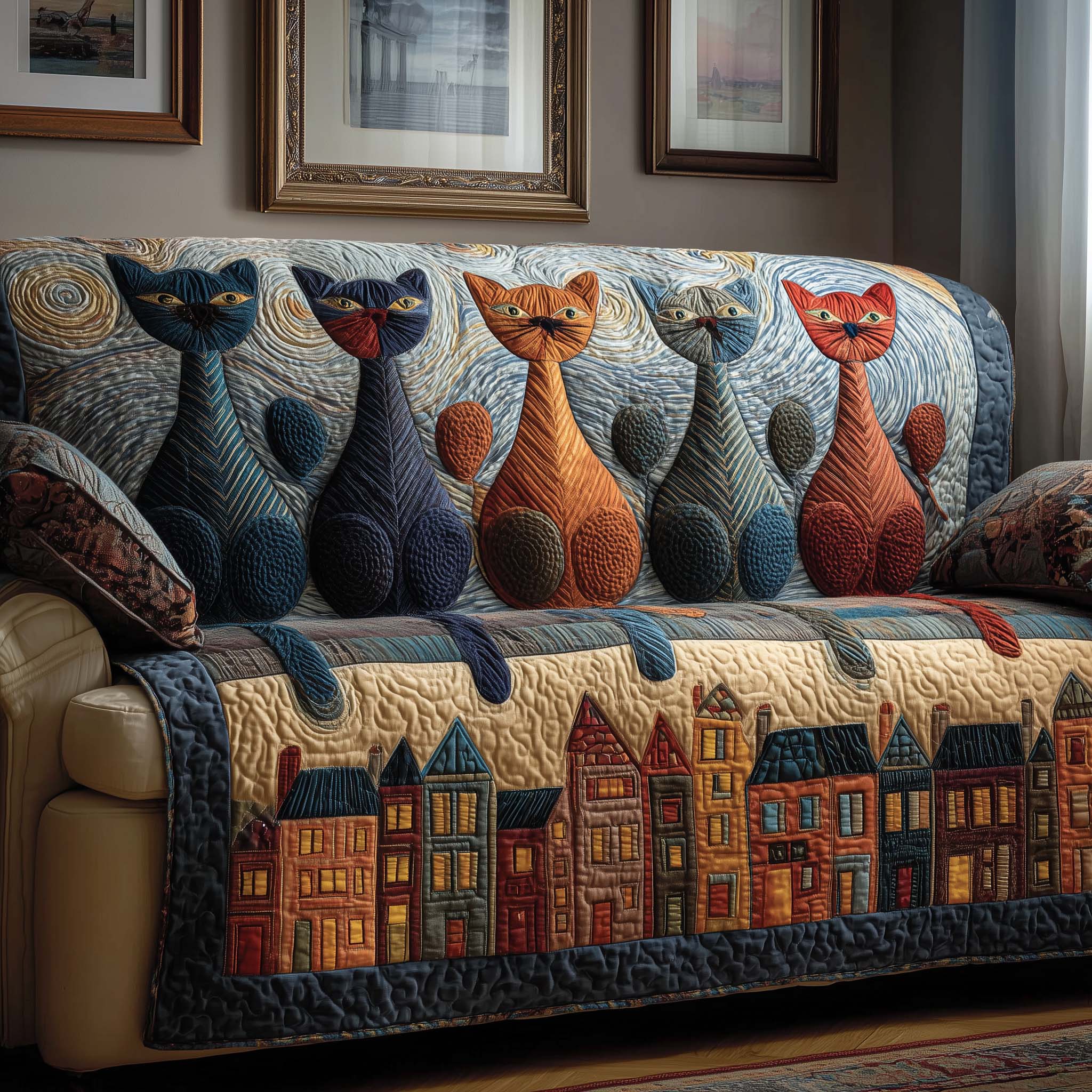 Town Cats Quilted Sofa Cover Cat Home Couch Cover Interior Design Gift Ideas - Tradiviet