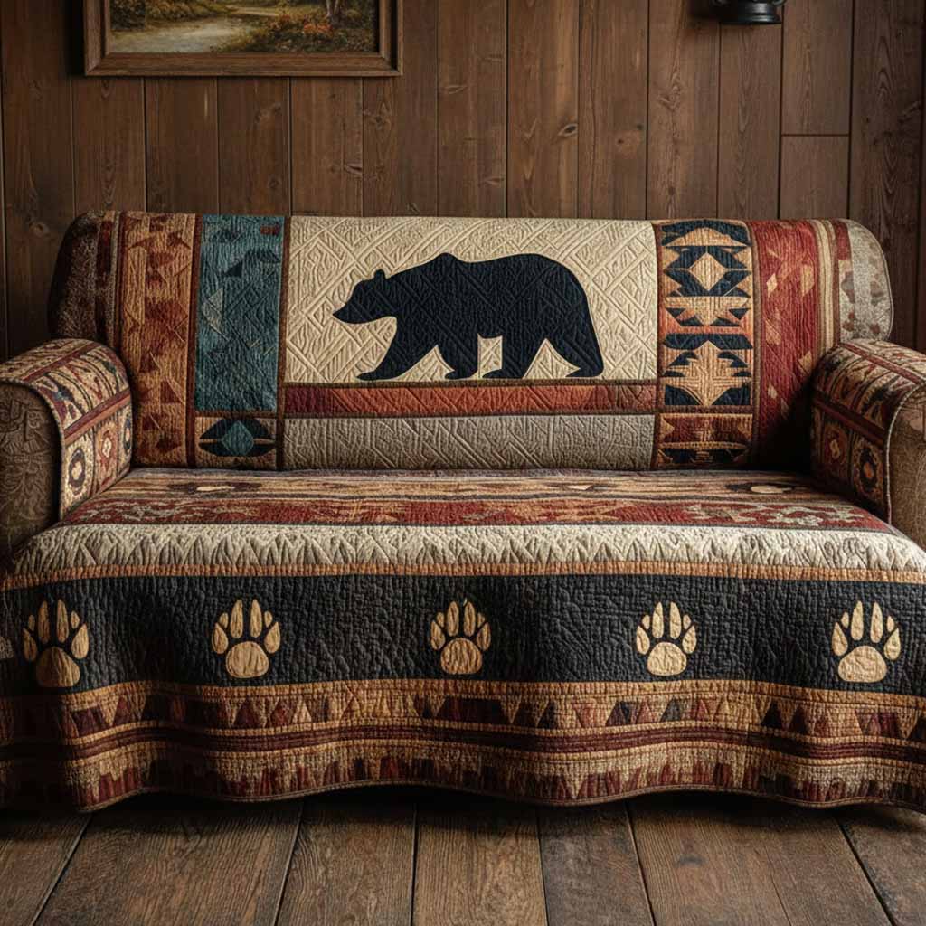 Trail Bear Quilted Sofa Cover Cute Home Room Decor Rustic Bear Cabin Gifts - Tradiviet