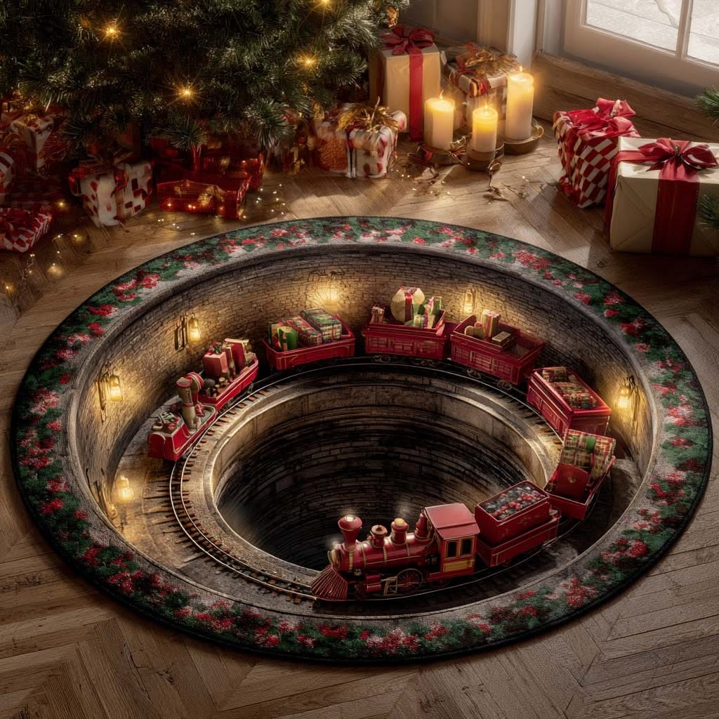 Train Gift Tunnel Express Christmas Round Mat Circle Carpet Gifts For Railway Enthusiasts - Tradiviet