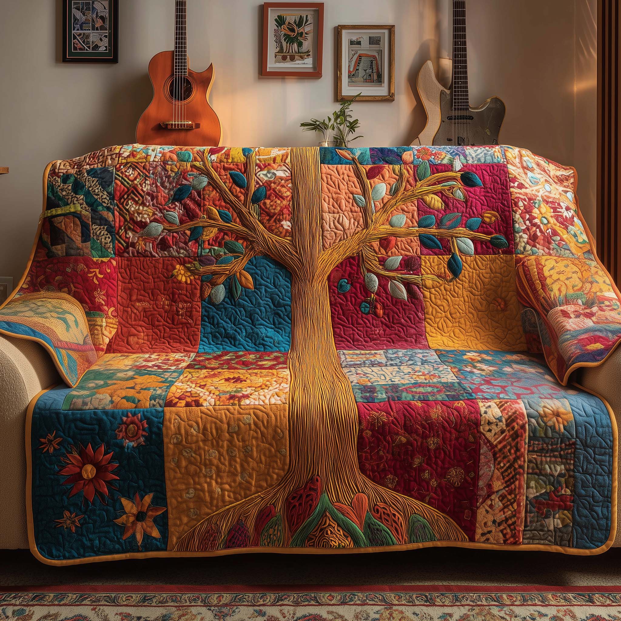 Tree of Life Quilted Sofa Cover Forest Home Couch Cover Best Housewarming Gift Ideas - Tradiviet