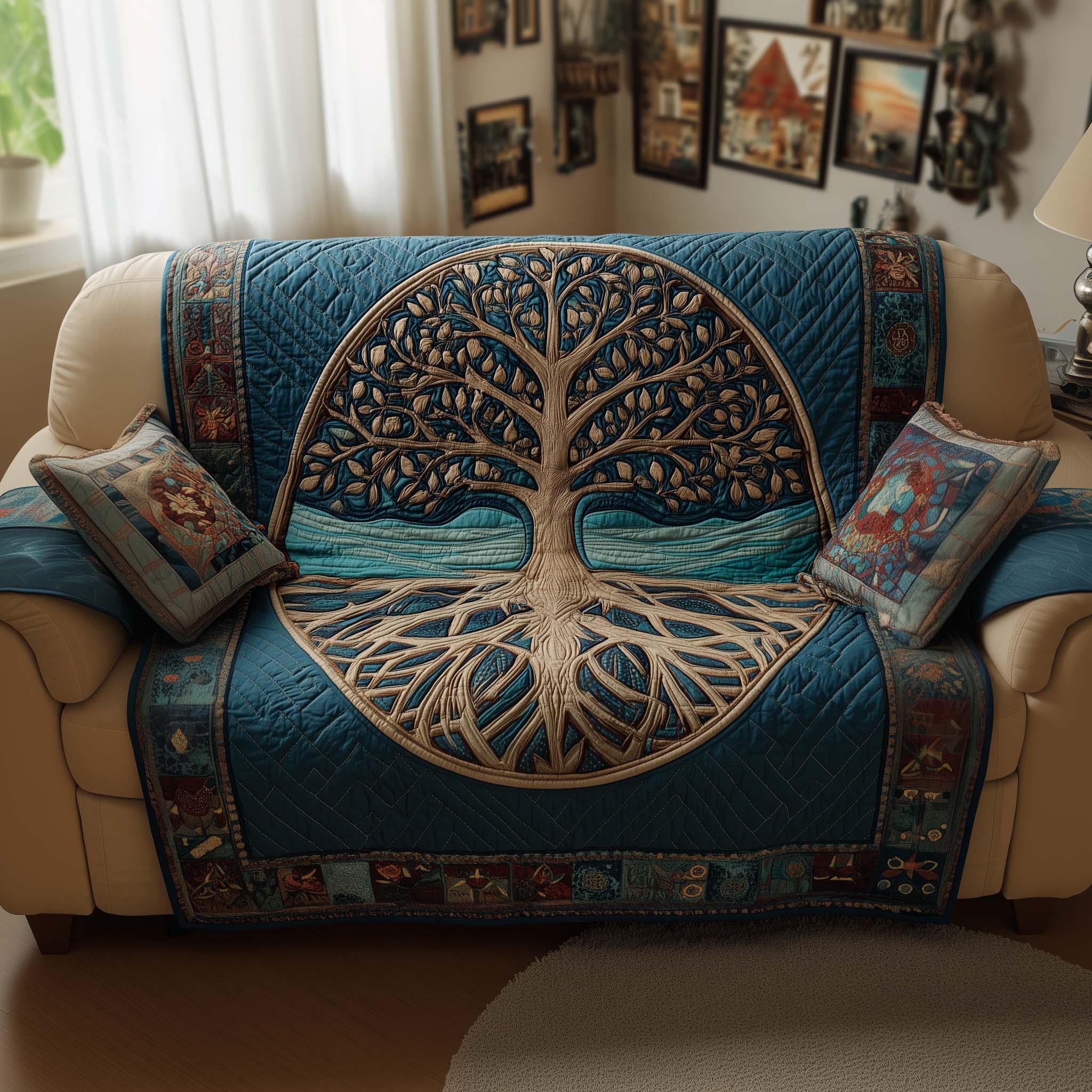 Tree of Life Quilted Sofa Cover Forest Home Couch Cover Gifts For Sun Lovers - Tradiviet