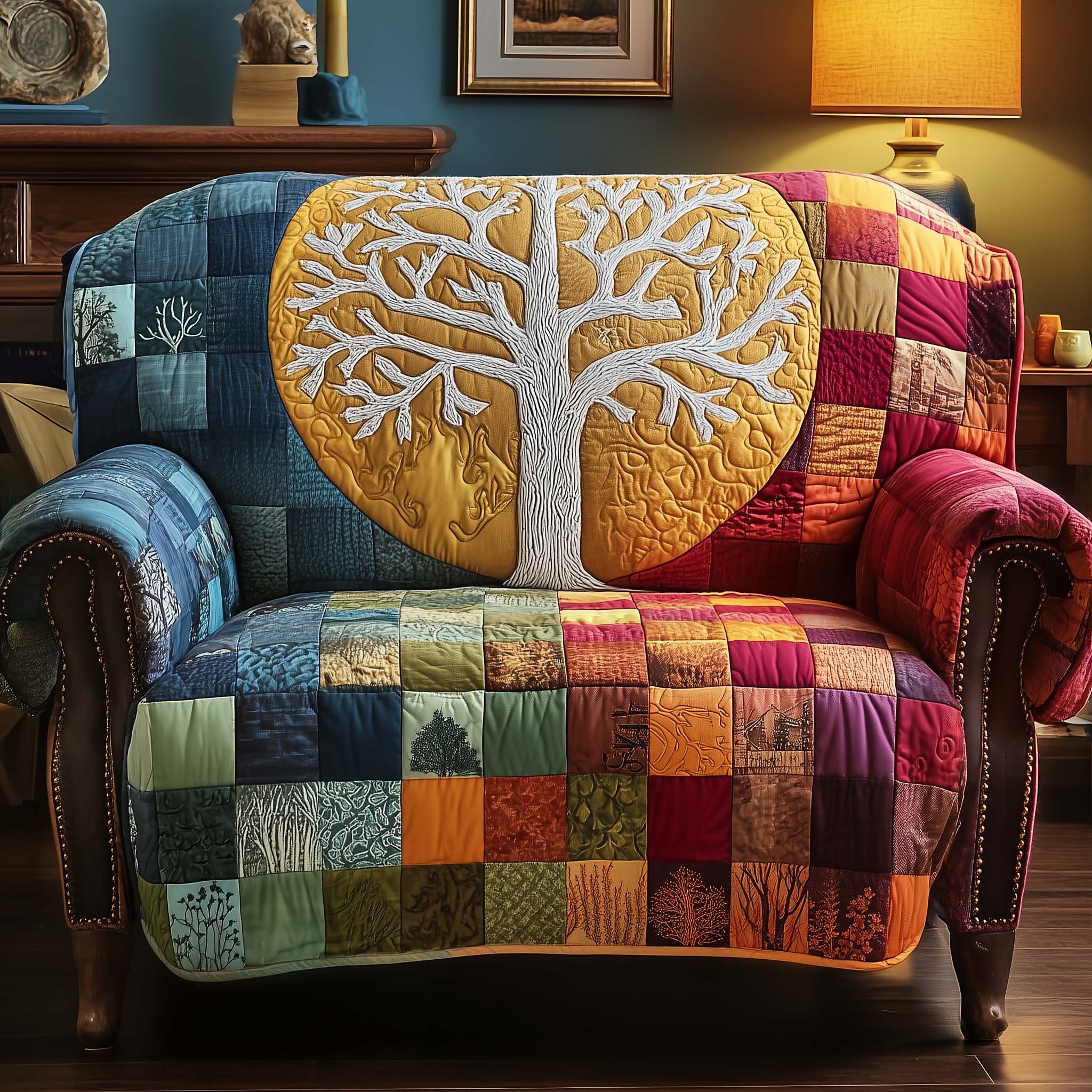 Tree of Life Quilted Sofa Cover Forest Home Couch Cover Present For New Home - Tradiviet
