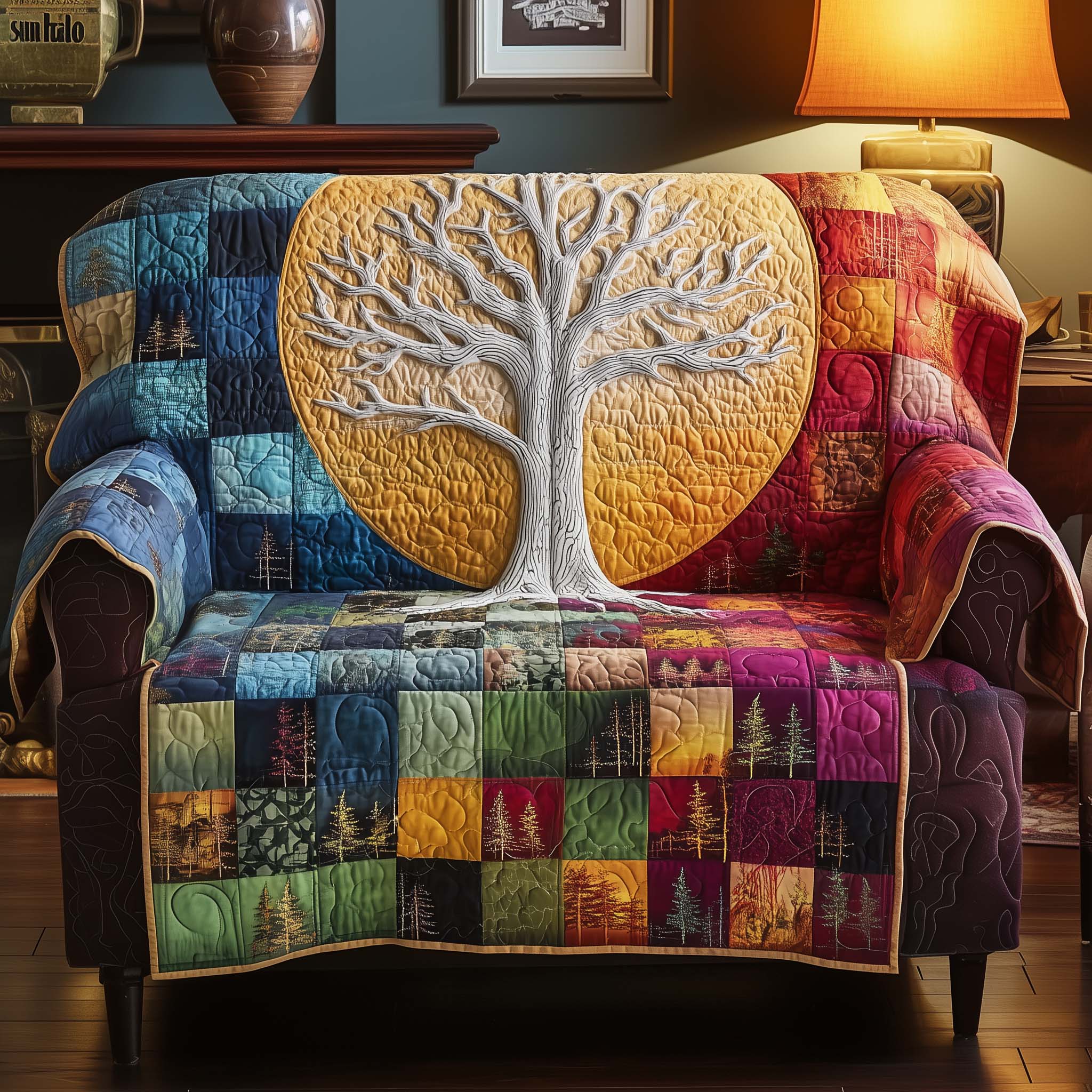 Tree of Life Quilted Sofa Cover Forest Home Couch Cover Presents For New Home - Tradiviet
