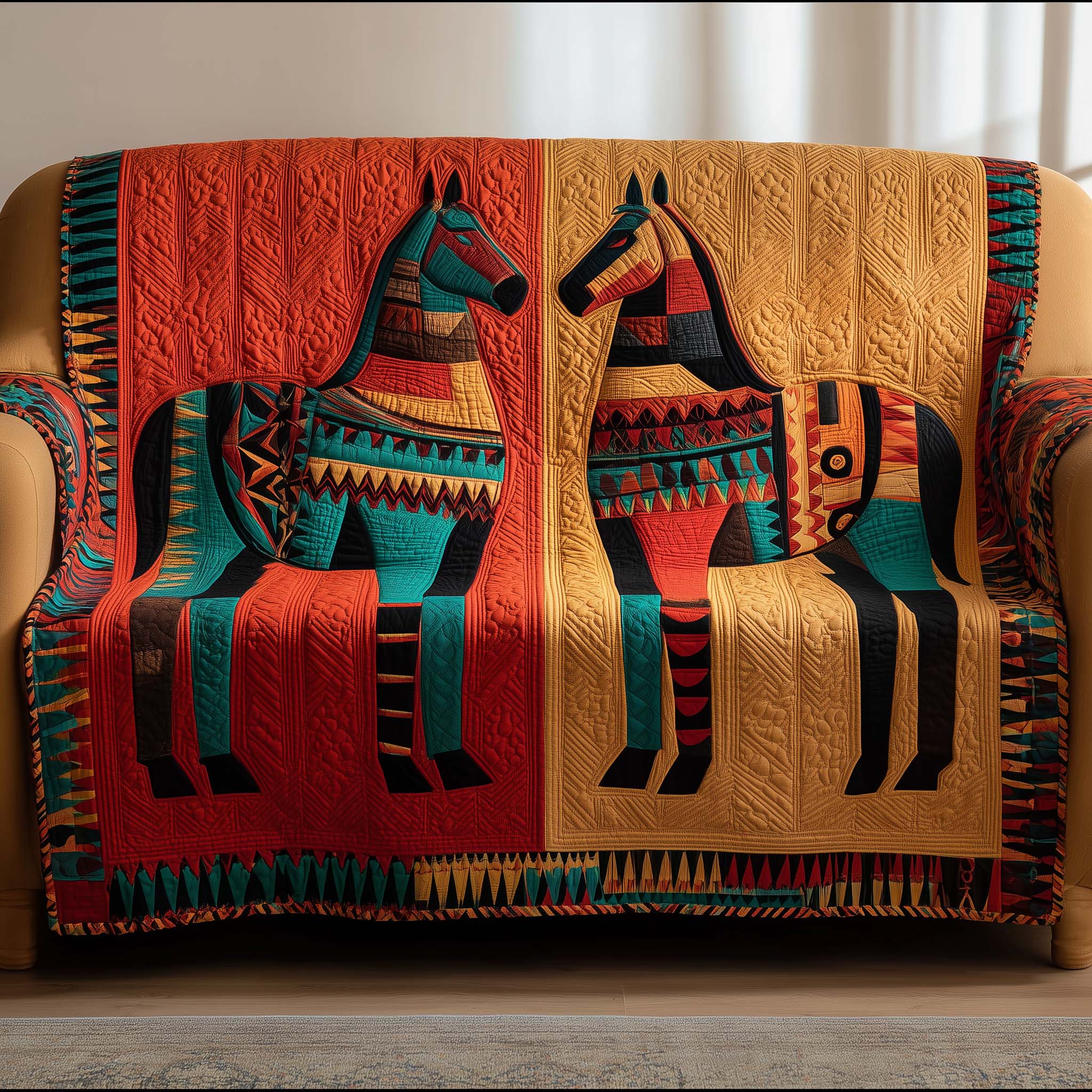 Tribal Horses Quilted Sofa Cover Western Home Couch Cover Great Housewarming Gift Ideas - Tradiviet