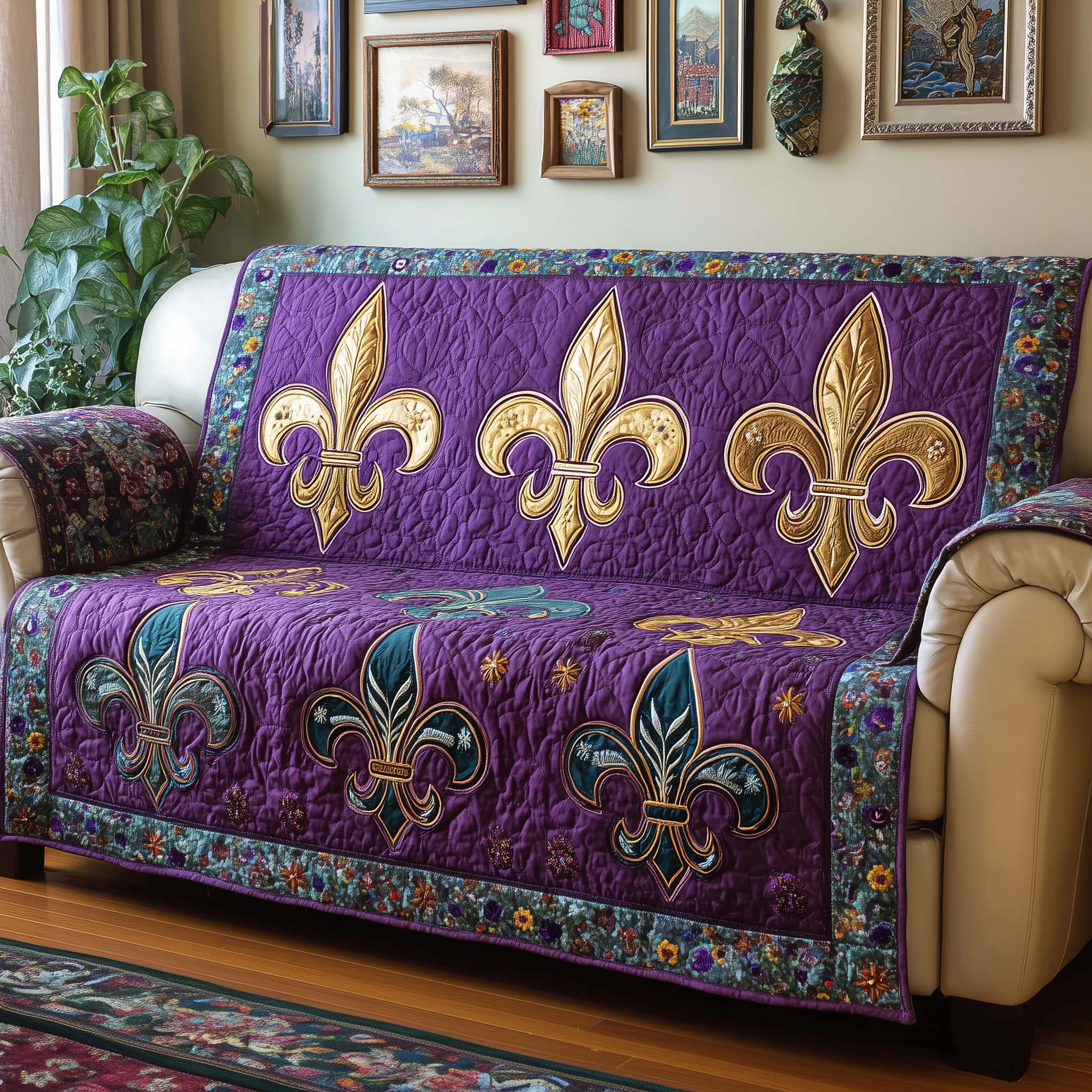 Triple Fleur Quilted Sofa Cover Mardi Gras Couch Cover Best Home Decor Gifts - Tradiviet