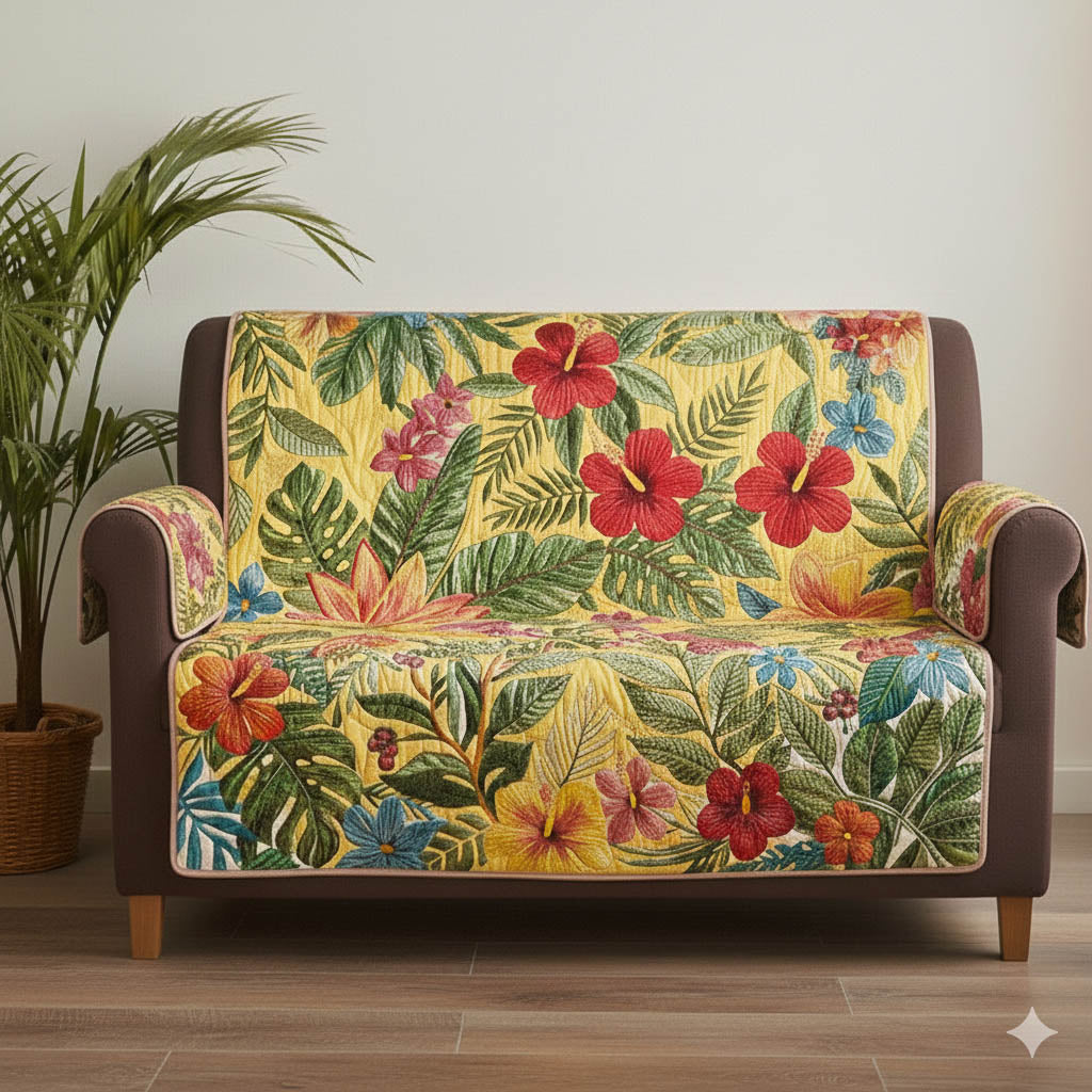 Tropical Bloom Quilted Sofa Cover Coastal Home Couch Cover Trendy Room Decor Gifts - Tradiviet