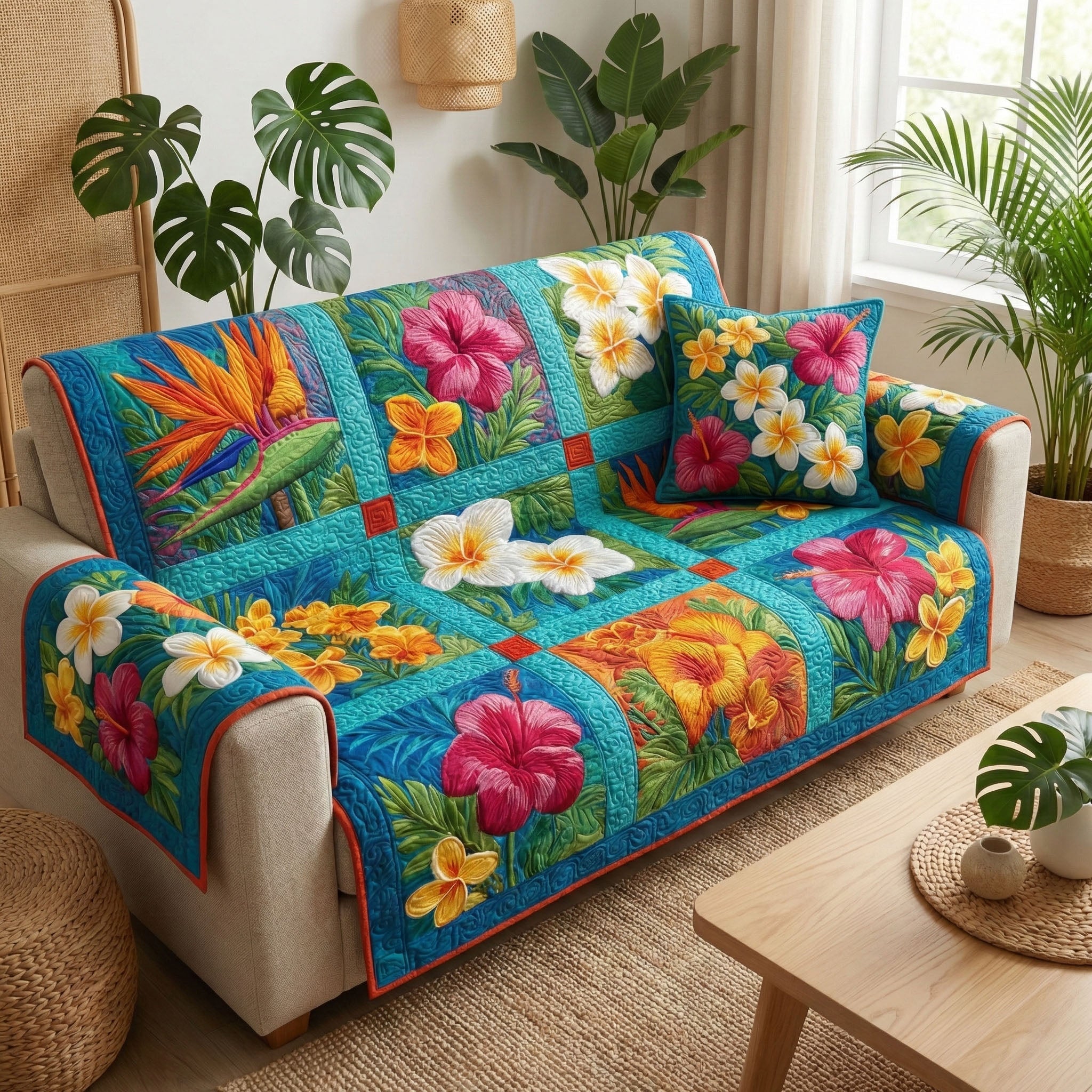 Tropical Bloom Quilted Sofa Cover Couch Cushion Covers Good Gifts For Mom - Tradiviet