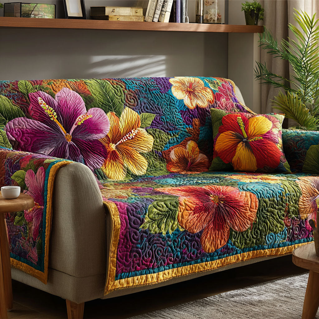 Tropical Bloom Quilted Sofa Cover Neutral Room Decor Gifts For New Homes - Tradiviet