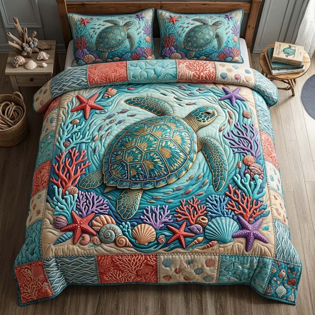Tropical Bloom Turtle Quilted Bedding Set Tropical Bloom Vibe Gift For Tropical Bloom - Tradiviet