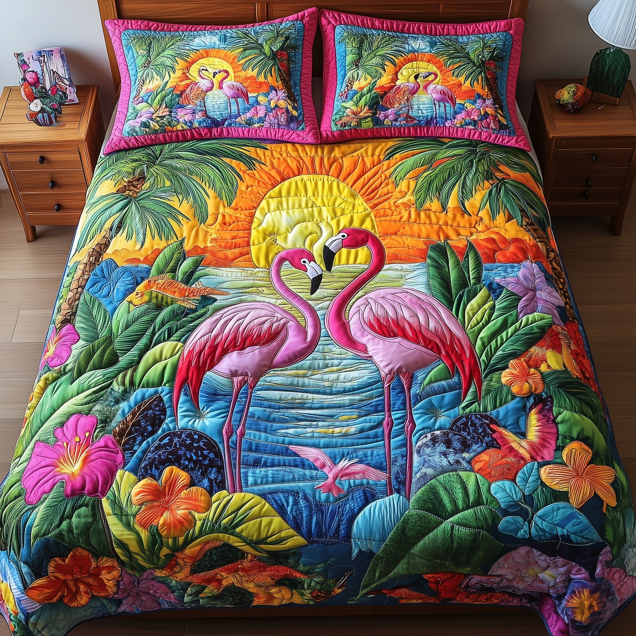 Tropical Flamingo Quilted Bedding Set Tropical Flamingo Harbor Gift For Tropical Family - Tradiviet