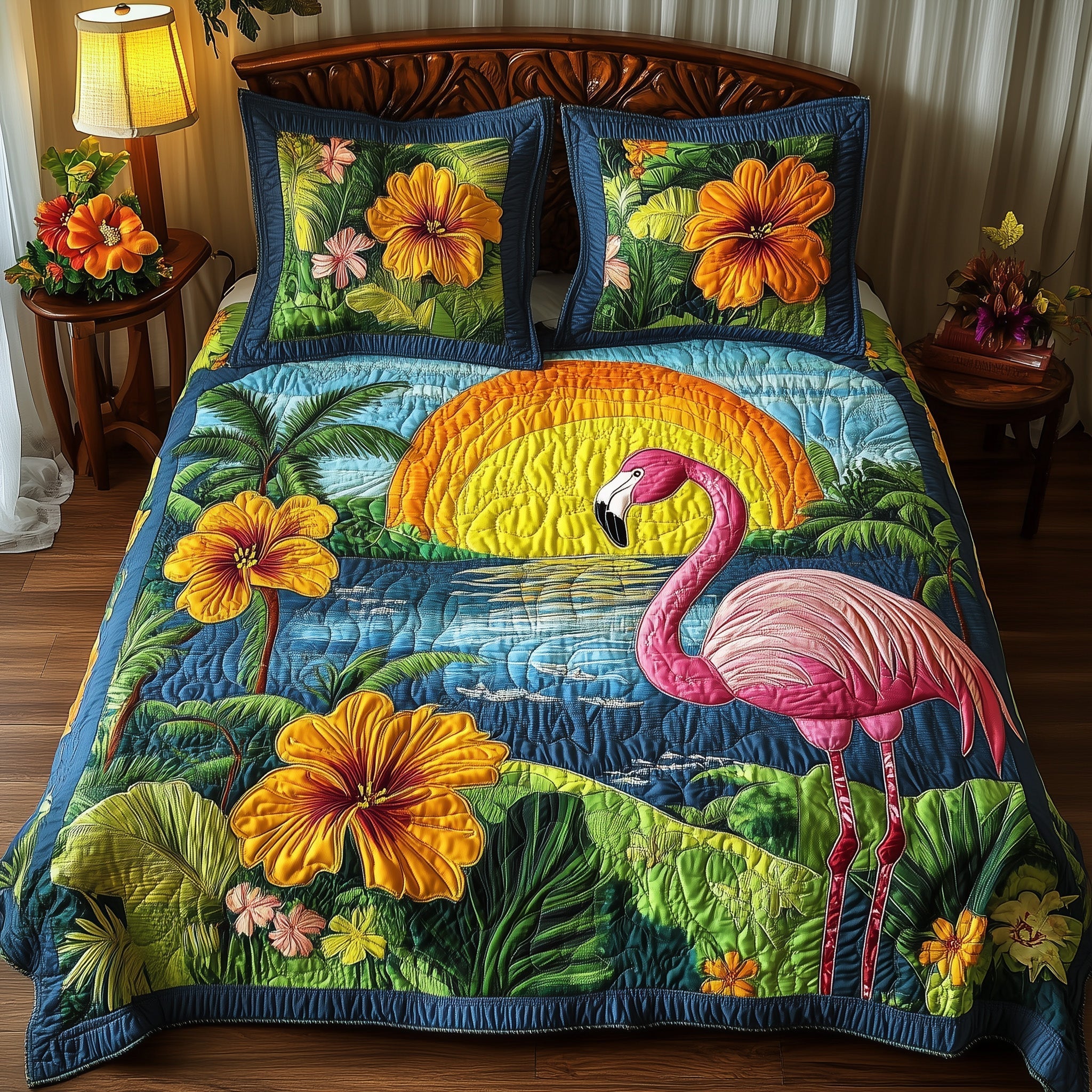 Tropical Flamingo Quilted Bedding Set Tropical Flamingo Island Gift For Tropical Flamingo - Tradiviet