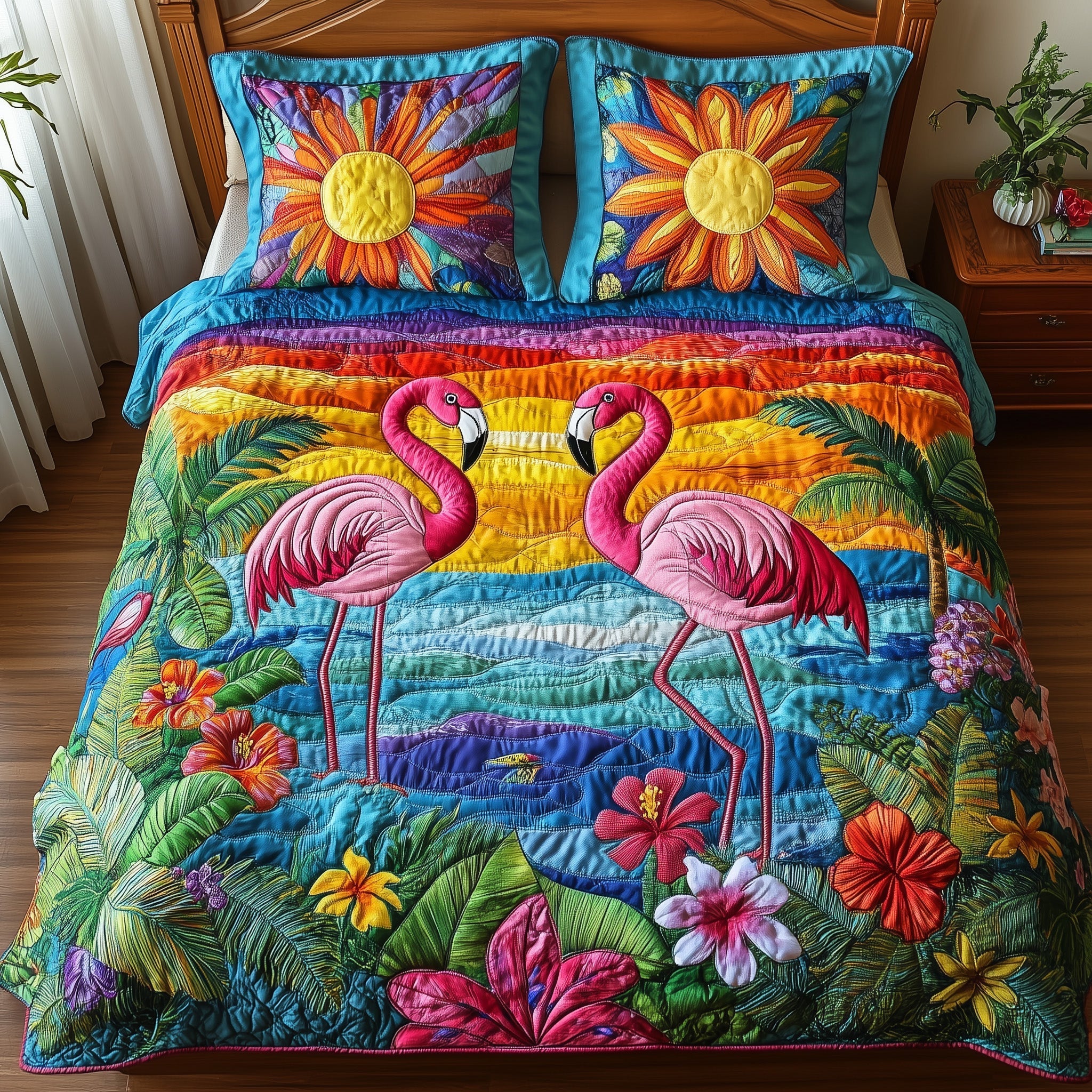 Tropical Flamingo Quilted Bedding Set Tropical Flamingo Sunset Gift For Flamingo Family - Tradiviet