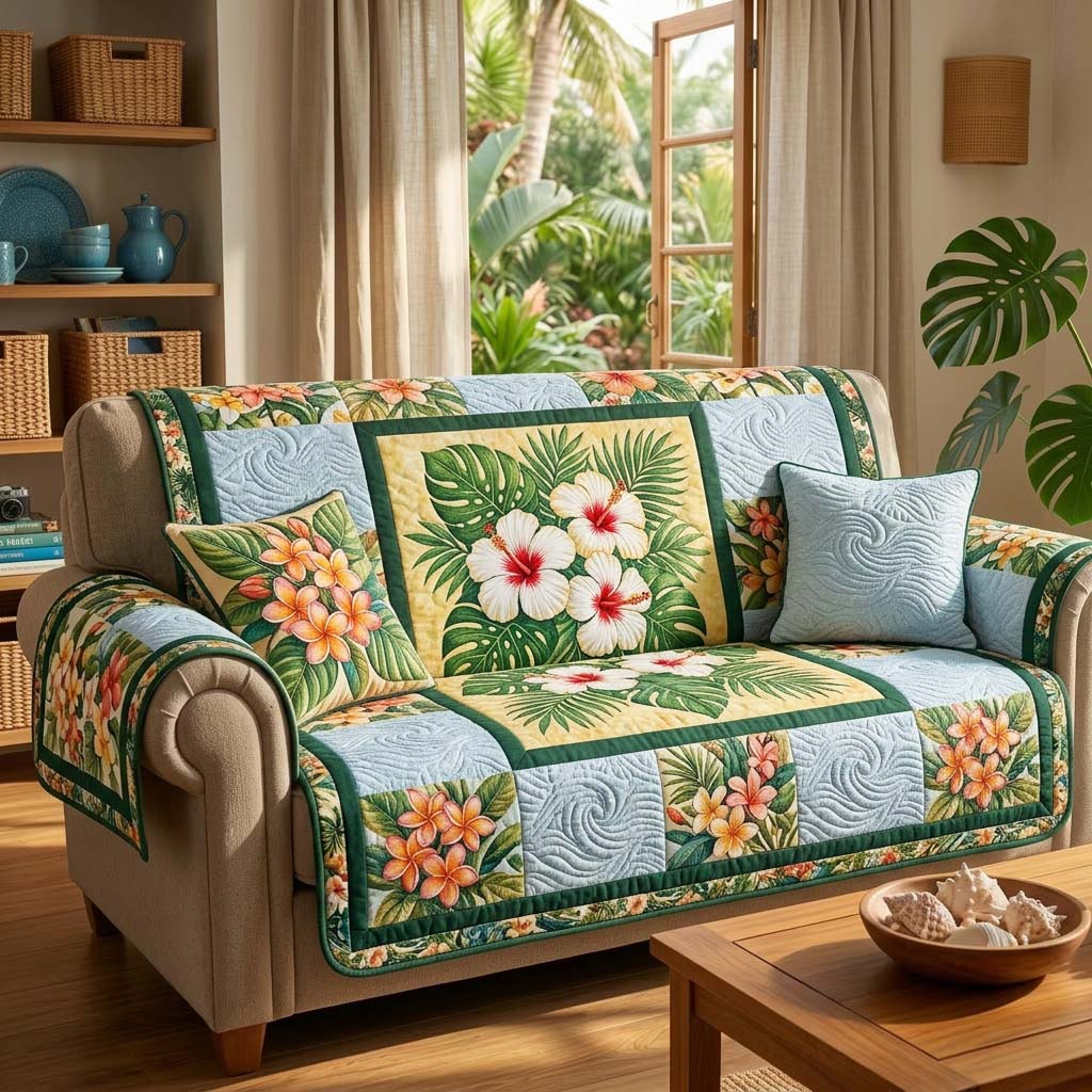 Tropical Harmony Quilted Sofa Cover Coastal Home Couch Cover Cozy Housewarming Gift Ideas - Tradiviet