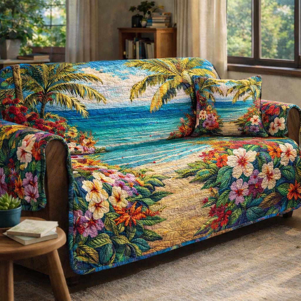 Tropical Hibiscus Dream Quilted Sofa Cover Coastal Home Couch Cover Gifts For Highland Cow Lovers - Tradiviet