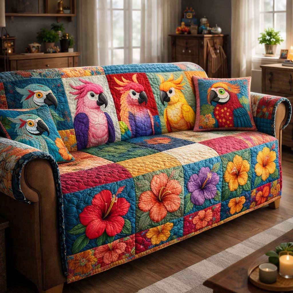 Tropical Parrot Heaven Quilted Sofa Cover Tropical Home Couch Cover Bear Gifts For Dad - Tradiviet