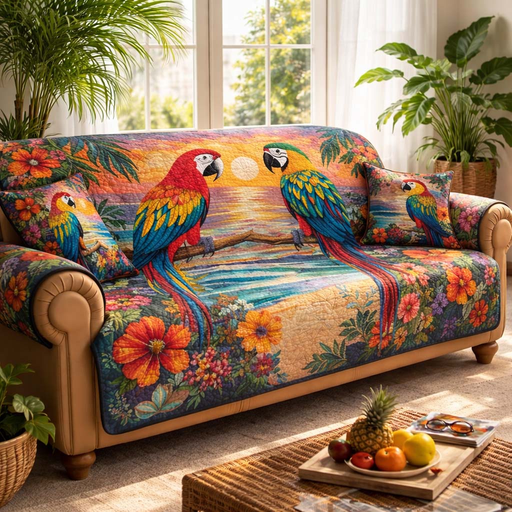 Tropical Parrot Heaven Quilted Sofa Cover Tropical Home Couch Cover Cat Gifts For Cat Lovers - Tradiviet